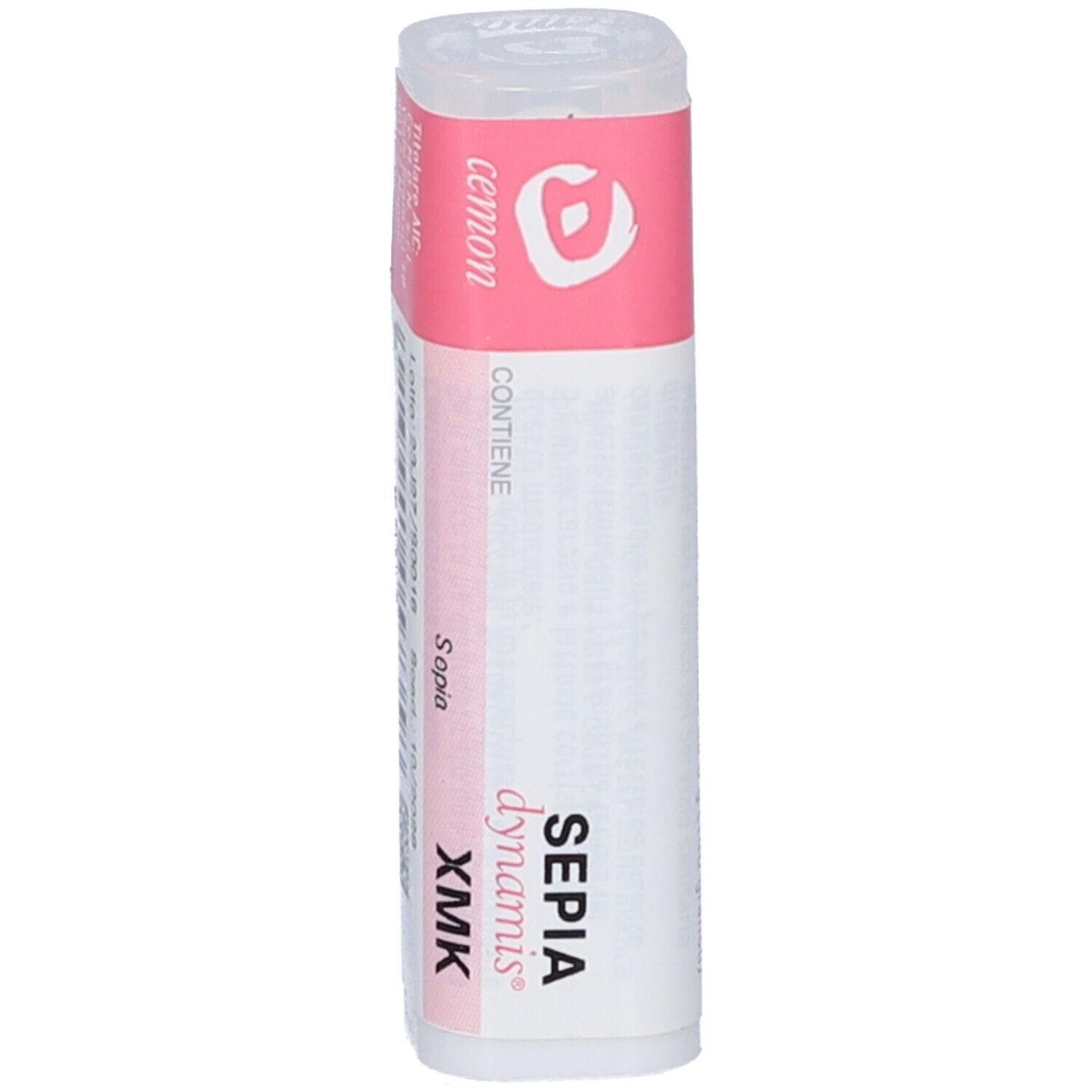 Confezione cilindrica con etichetta rosa e bianca. Scritta: SEPIA dynamis XMK. Contiene globuli.