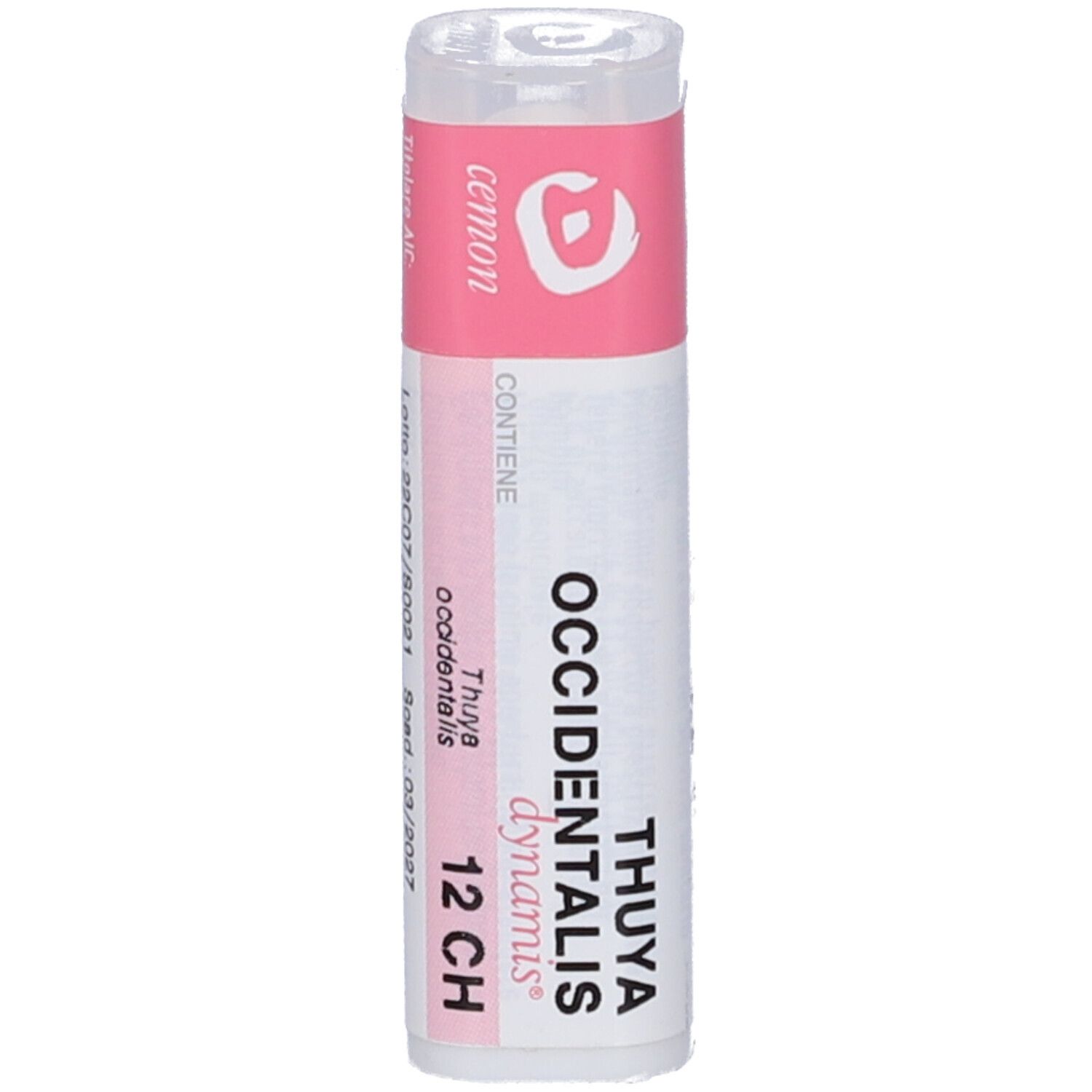 Flacone bianco con etichetta rosa. Sull'etichetta: "THUYA OCCIDENTALIS dynamis 12 CH". Tappo bianco.