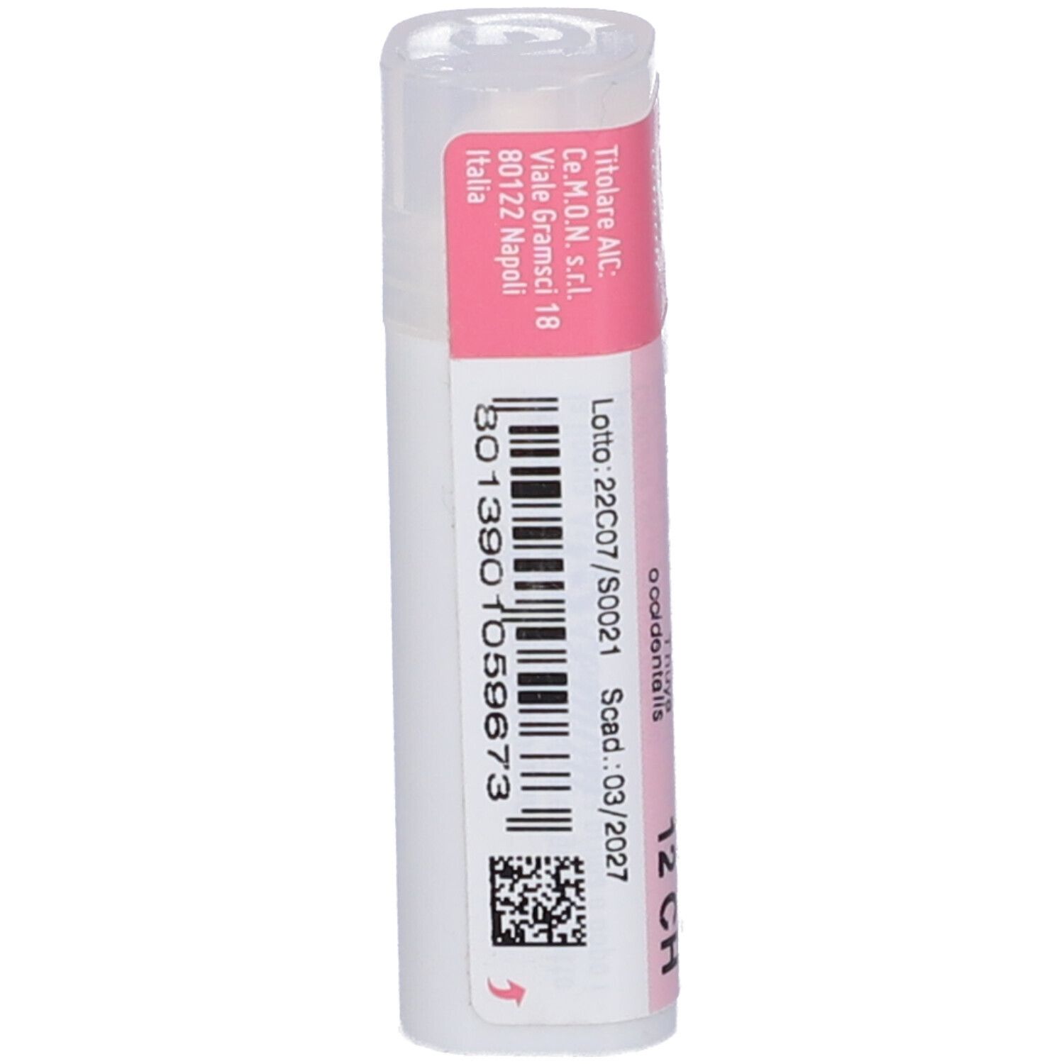 Flacone bianco con etichetta rosa. Informazioni come "Lotto", "Scad." e un codice a barre. Tappo bianco.