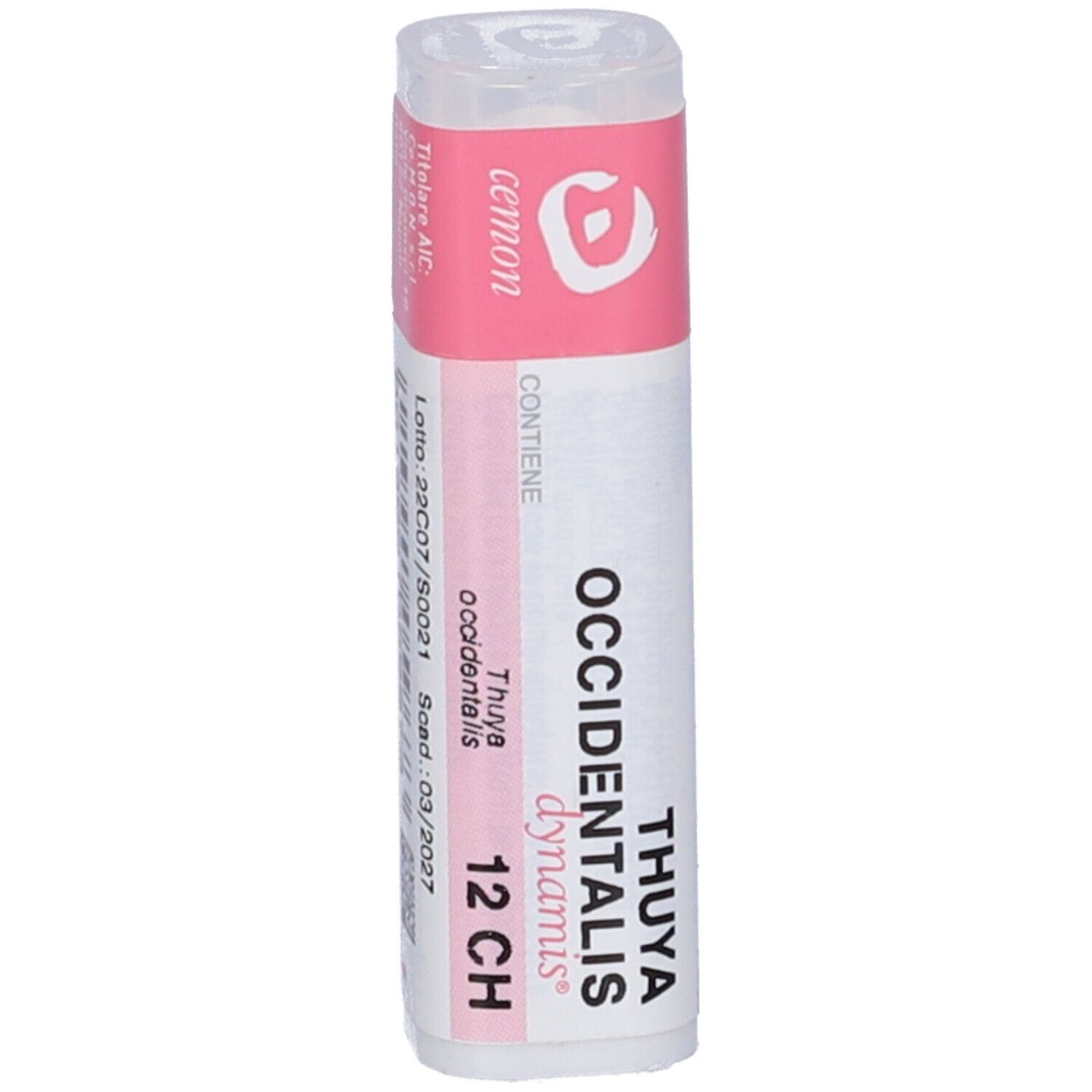 Flacone bianco con etichetta rosa. Sull'etichetta: "THUYA OCCIDENTALIS dynamis 12 CH". Tappo bianco.