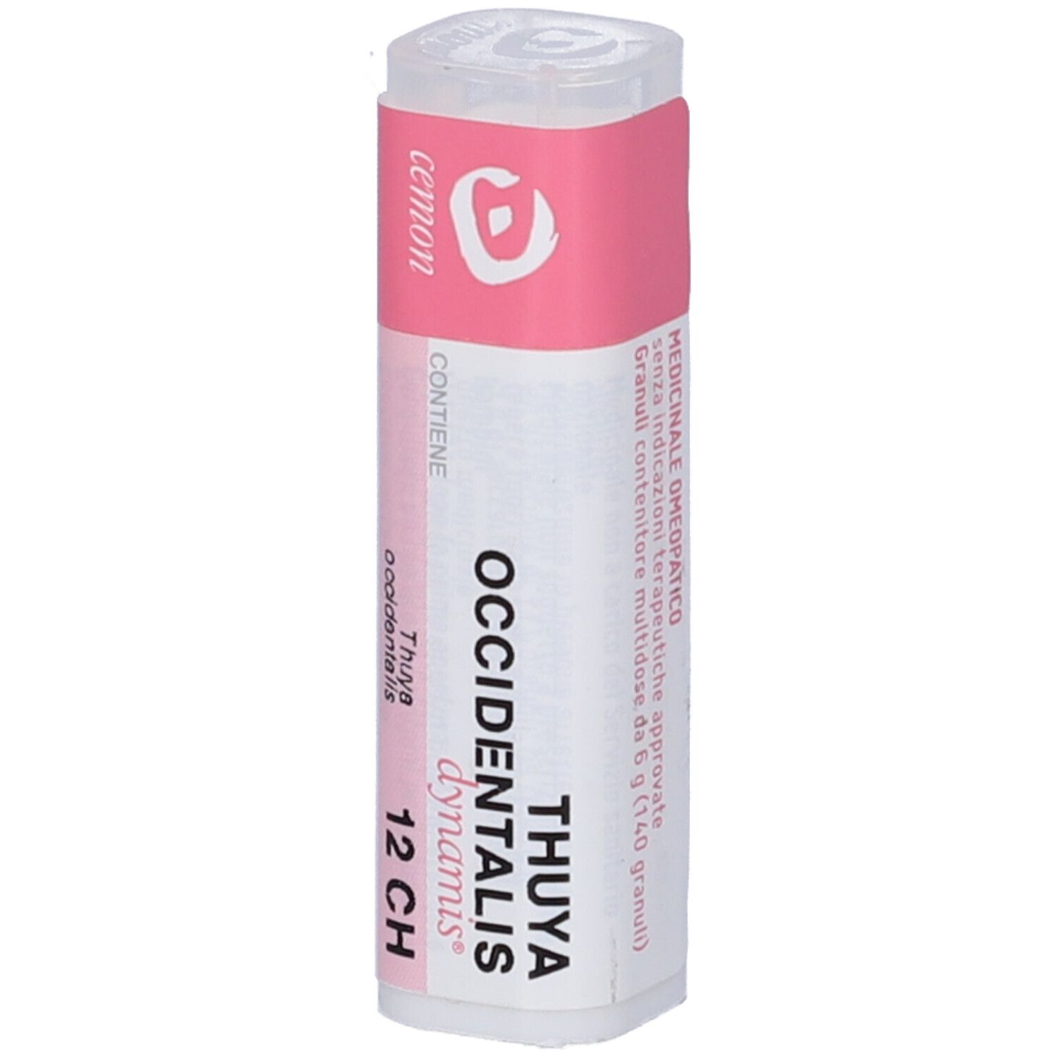 Flacone bianco con etichetta rosa. Sull'etichetta: "THUYA OCCIDENTALIS dynamis 12 CH". Tappo bianco.
