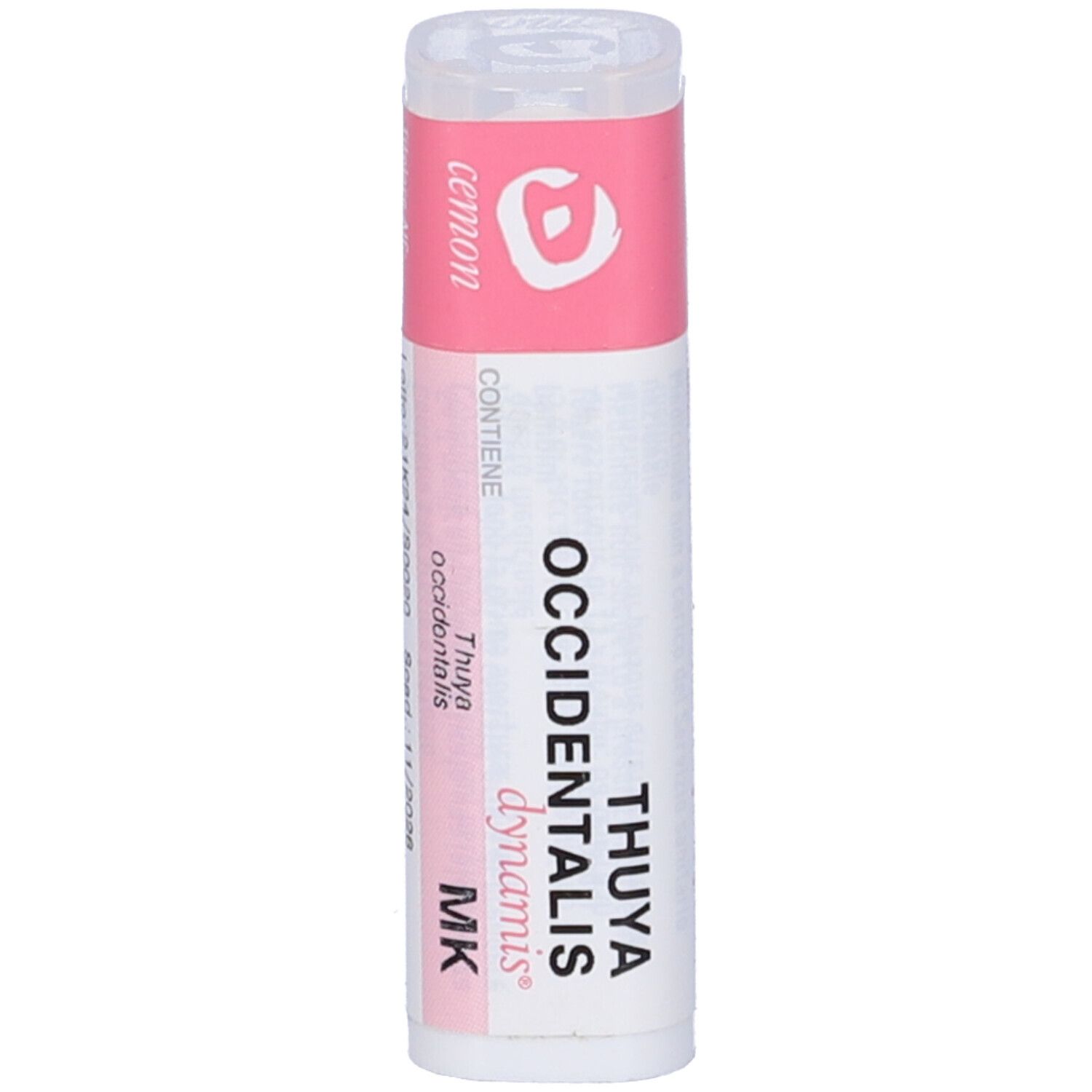 Flacone cilindrico bianco con etichetta rosa. L'etichetta riporta "THUYA OCCIDENTALIS dynamis MK".