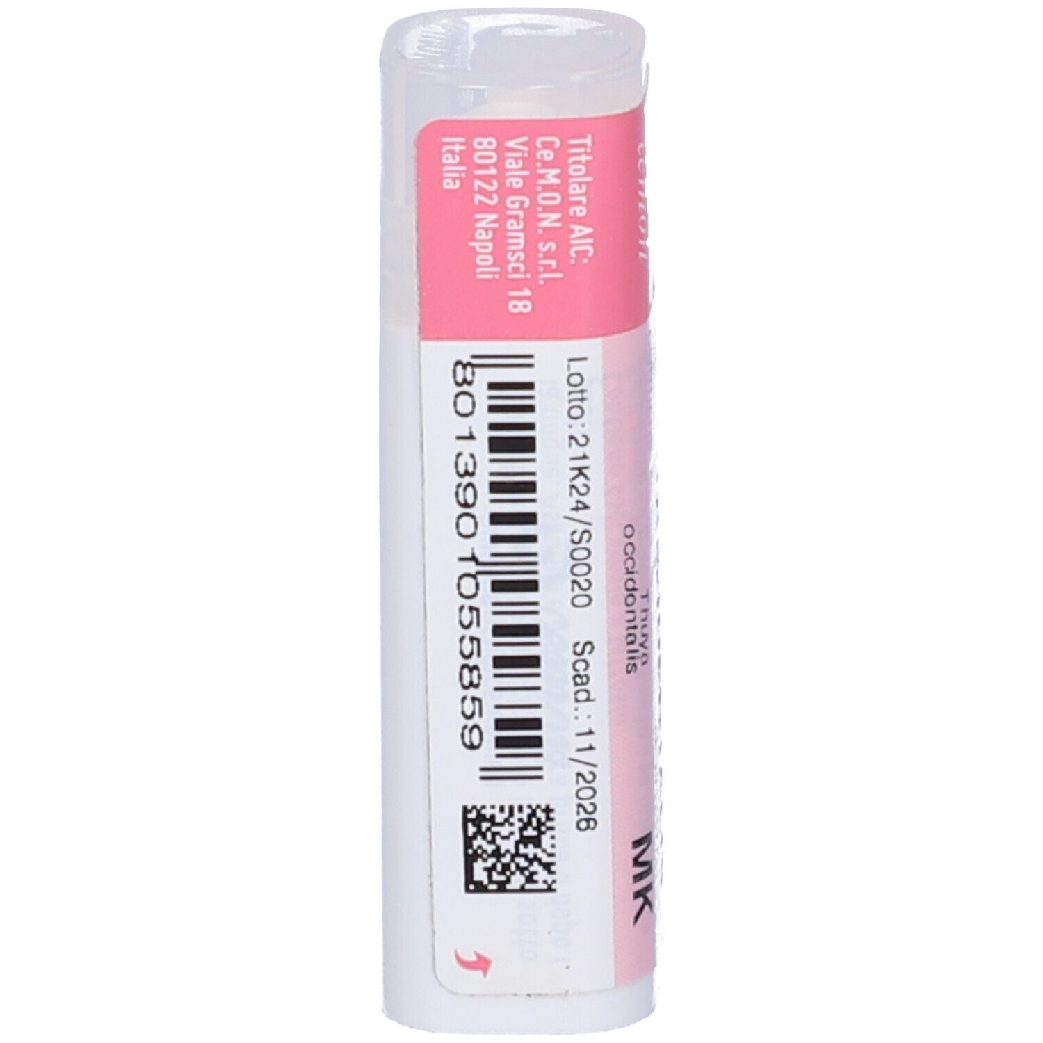 Flacone cilindrico con etichetta rosa. L'etichetta presenta codice a barre, testo e data di scadenza.