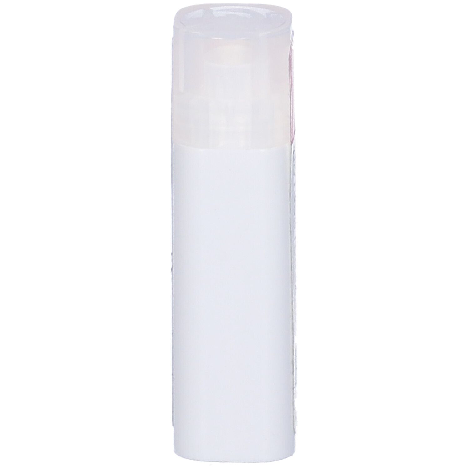 Flacone cilindrico bianco con coperchio trasparente.