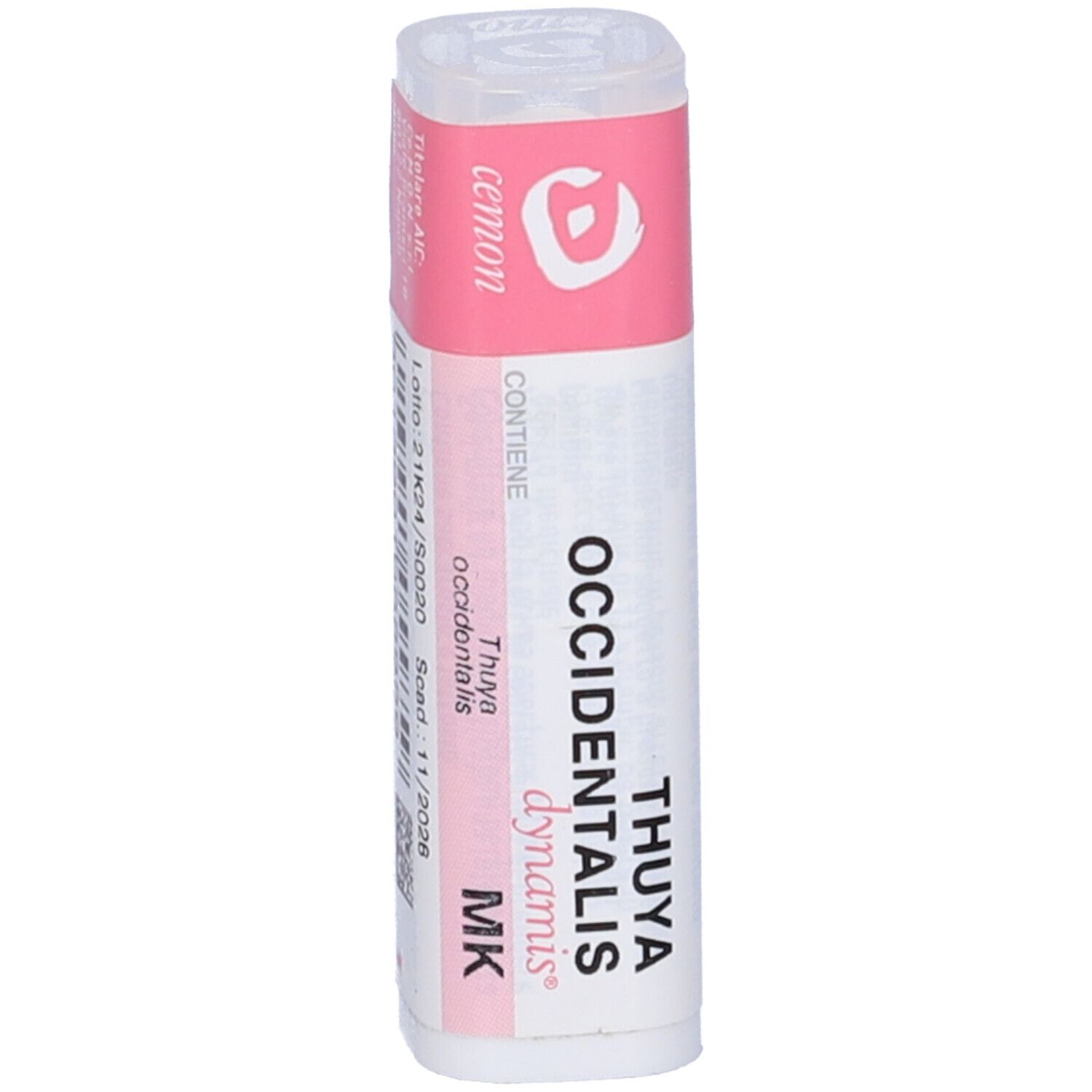 Flacone cilindrico bianco con etichetta rosa. L'etichetta presenta testo e data di scadenza.