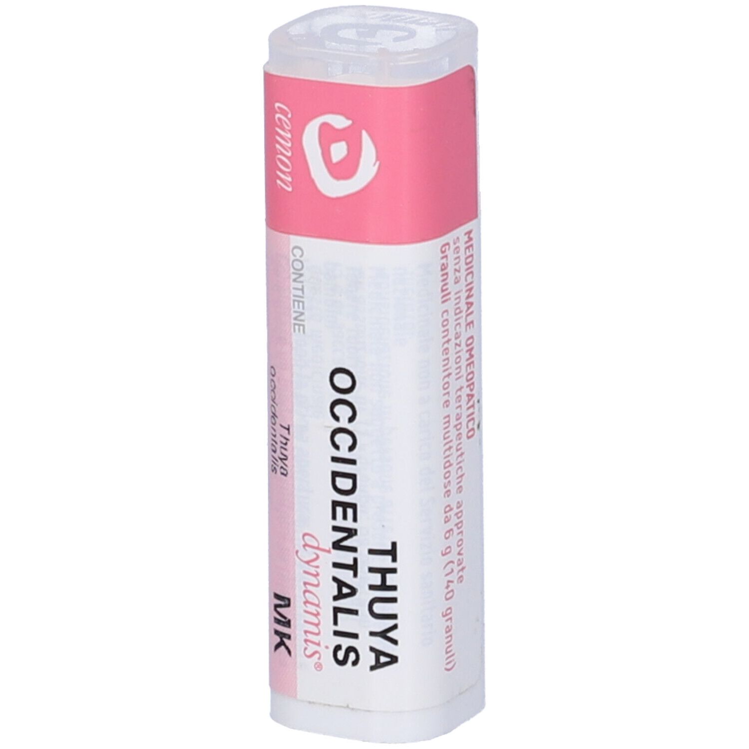 Flacone cilindrico con etichetta rosa. L'etichetta riporta "THUYA OCCIDENTALIS dynamis MK".