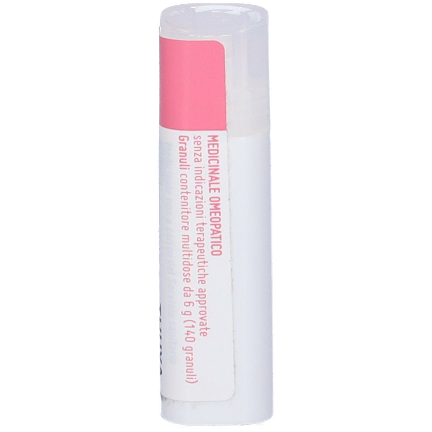 Confezione cilindrica con etichetta rosa e bianca. Scritta: Specialità medicinale.