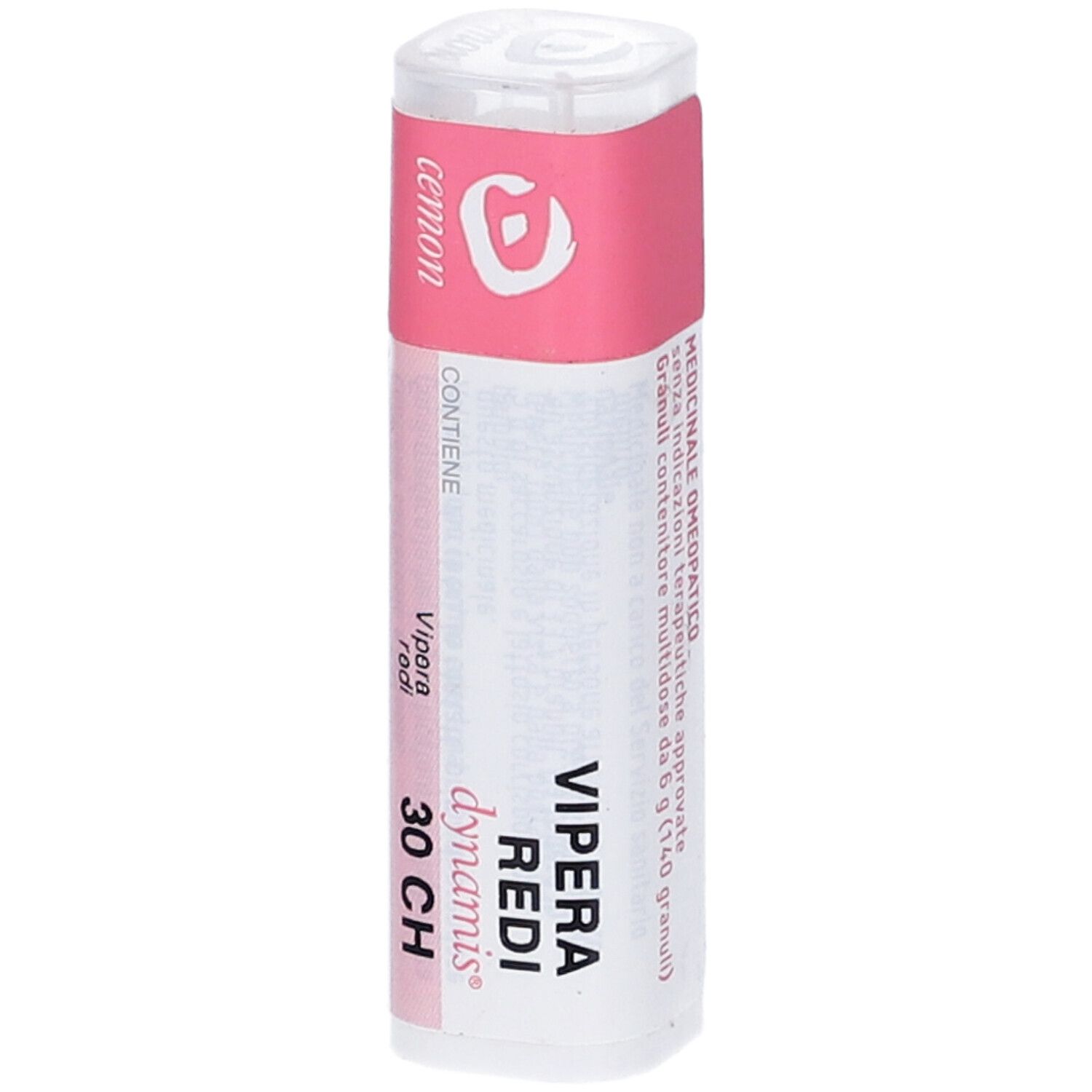 Confezione cilindrica con fascia rosa. Scritta: Vipera Redi 30 CH. Contiene 140 globuli.