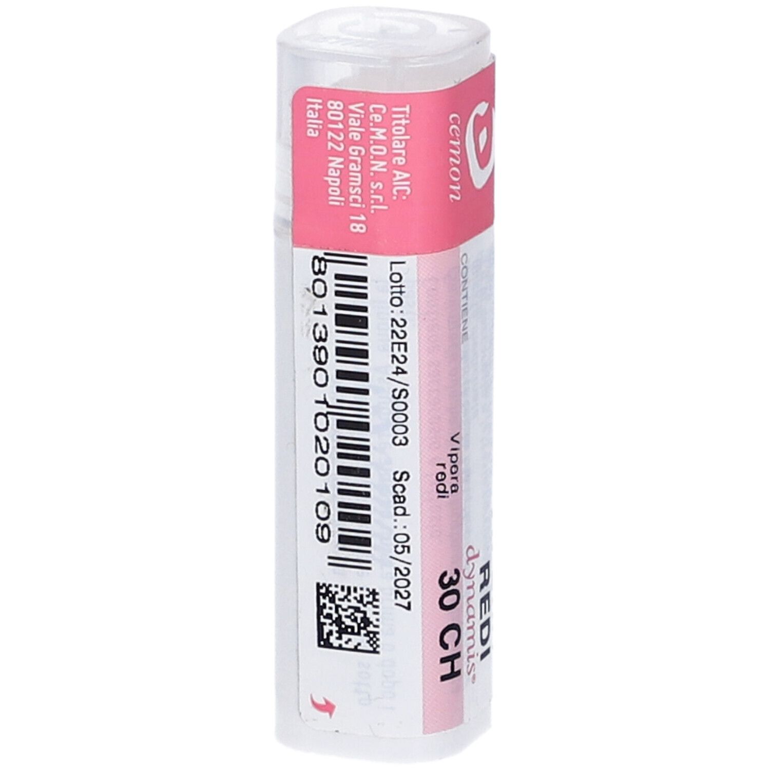 Confezione cilindrica con fascia rosa. Scritta: Vipera Redi 30 CH. Codice a barre e scadenza.