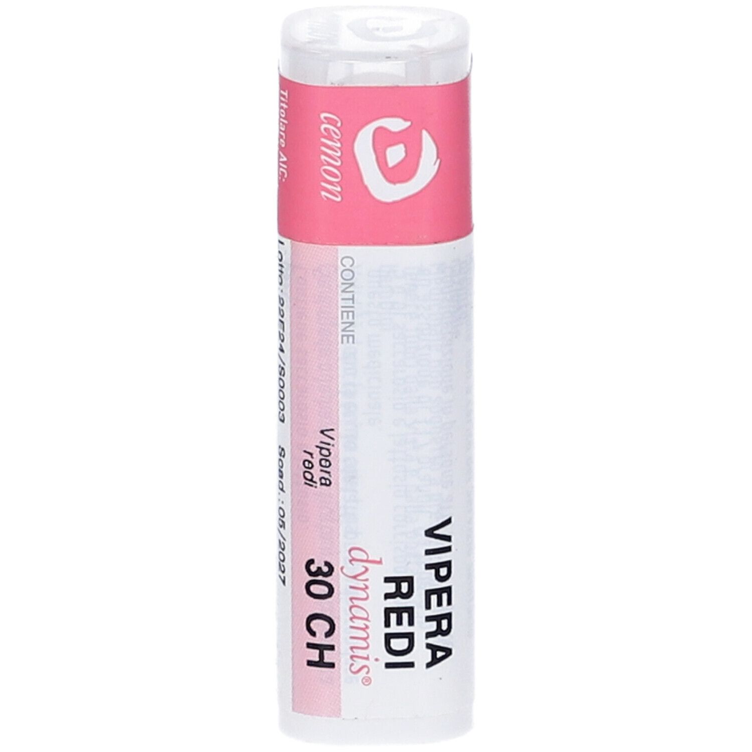 Confezione cilindrica con fascia rosa. Scritta: Vipera Redi 30 CH. Contiene 140 globuli.