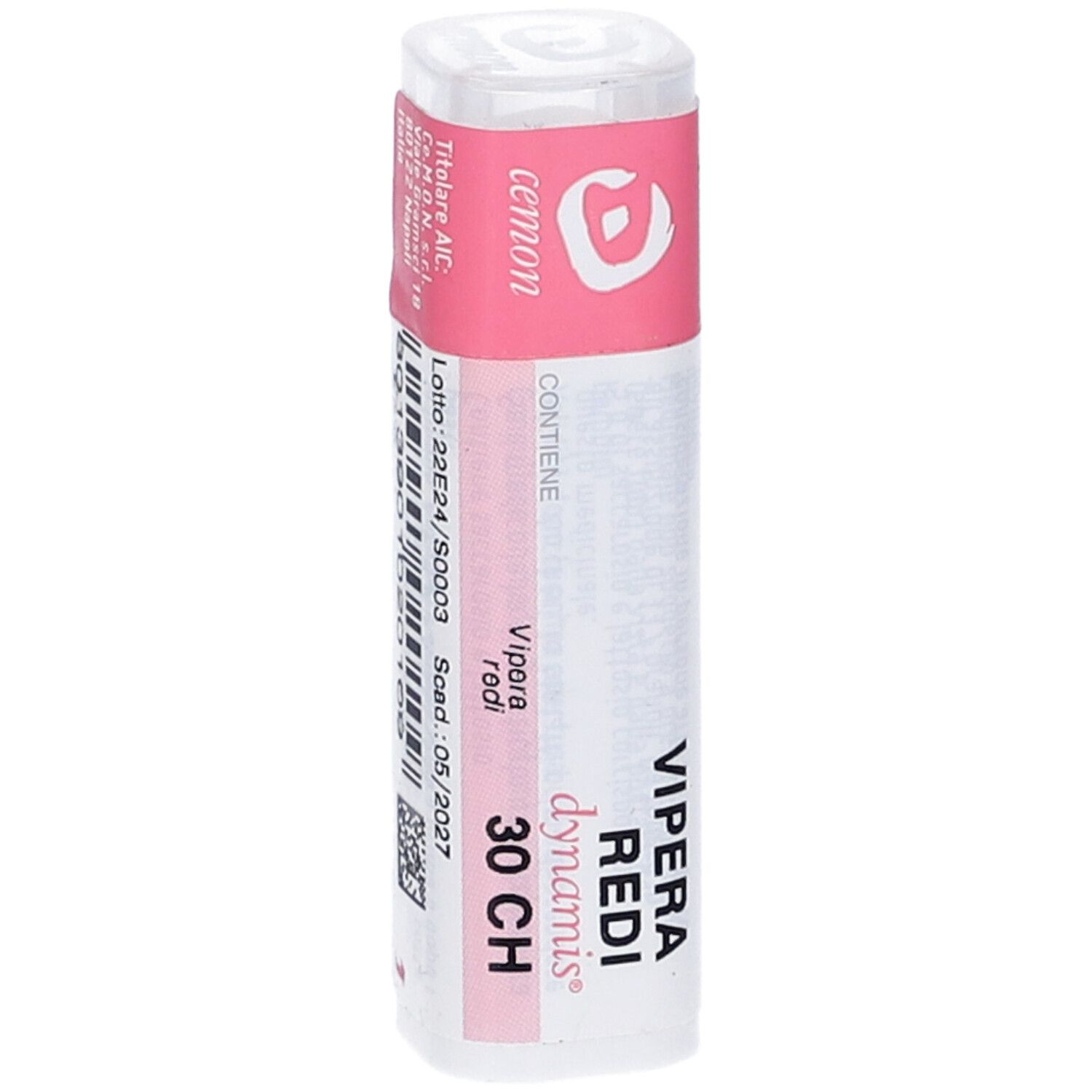 Confezione cilindrica con fascia rosa. Scritta: Vipera Redi 30 CH. Codice a barre e scadenza.
