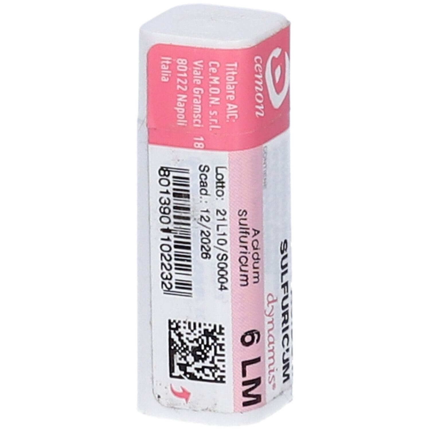 Confezione cilindrica, rosa e bianca. Testo: Acidum Sulfuricum 6 LM, cemon. Codice a barre e dati.
