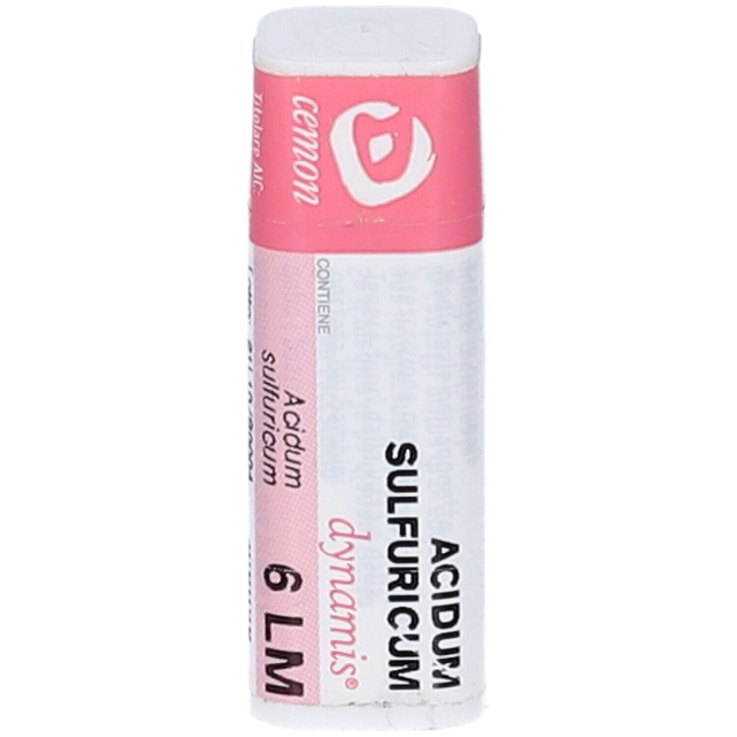 Confezione cilindrica, rosa e bianca. Testo: Acidum Sulfuricum 6 LM, cemon. Contiene granuli.