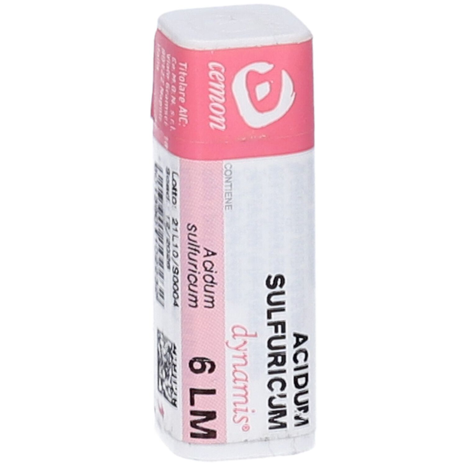 Confezione cilindrica, rosa e bianca. Testo: Acidum Sulfuricum 6 LM, cemon. Codice a barre e dati.