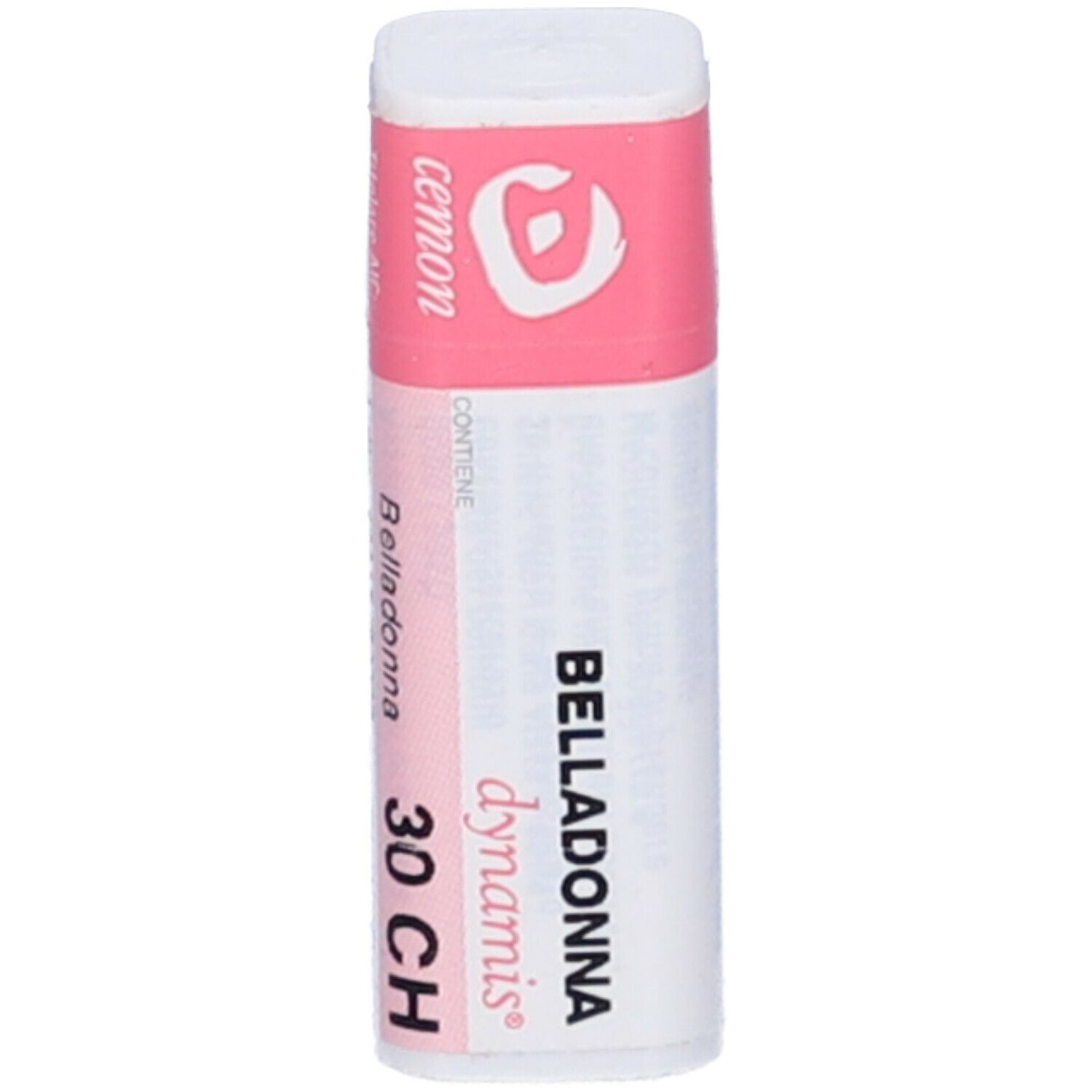 Confezione cilindrica con fascia rosa. Scritte: BELLADONNA 30 CH, cemon, dynamis. Nome del prodotto visibile.