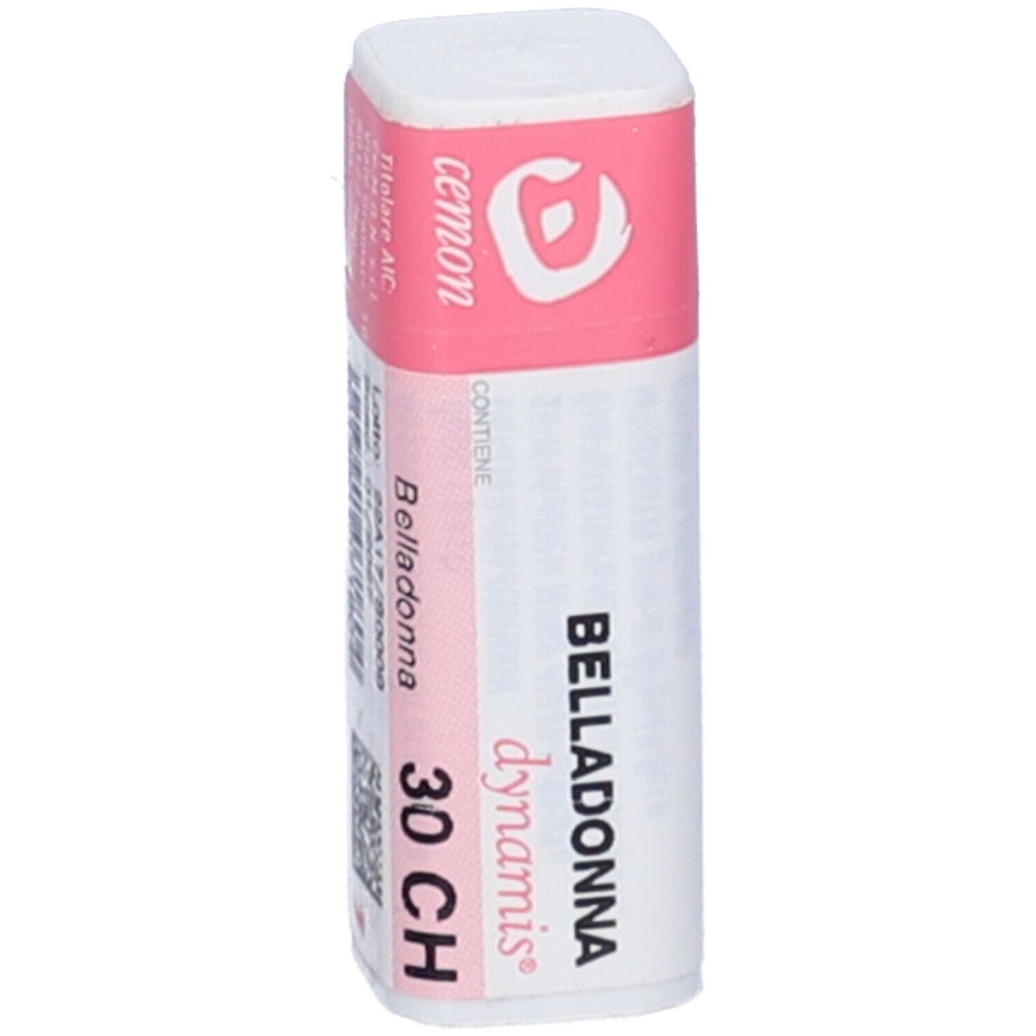 Confezione cilindrica con fascia rosa. Scritte: BELLADONNA 30 CH, cemon, dynamis. Codice a barre visibile.