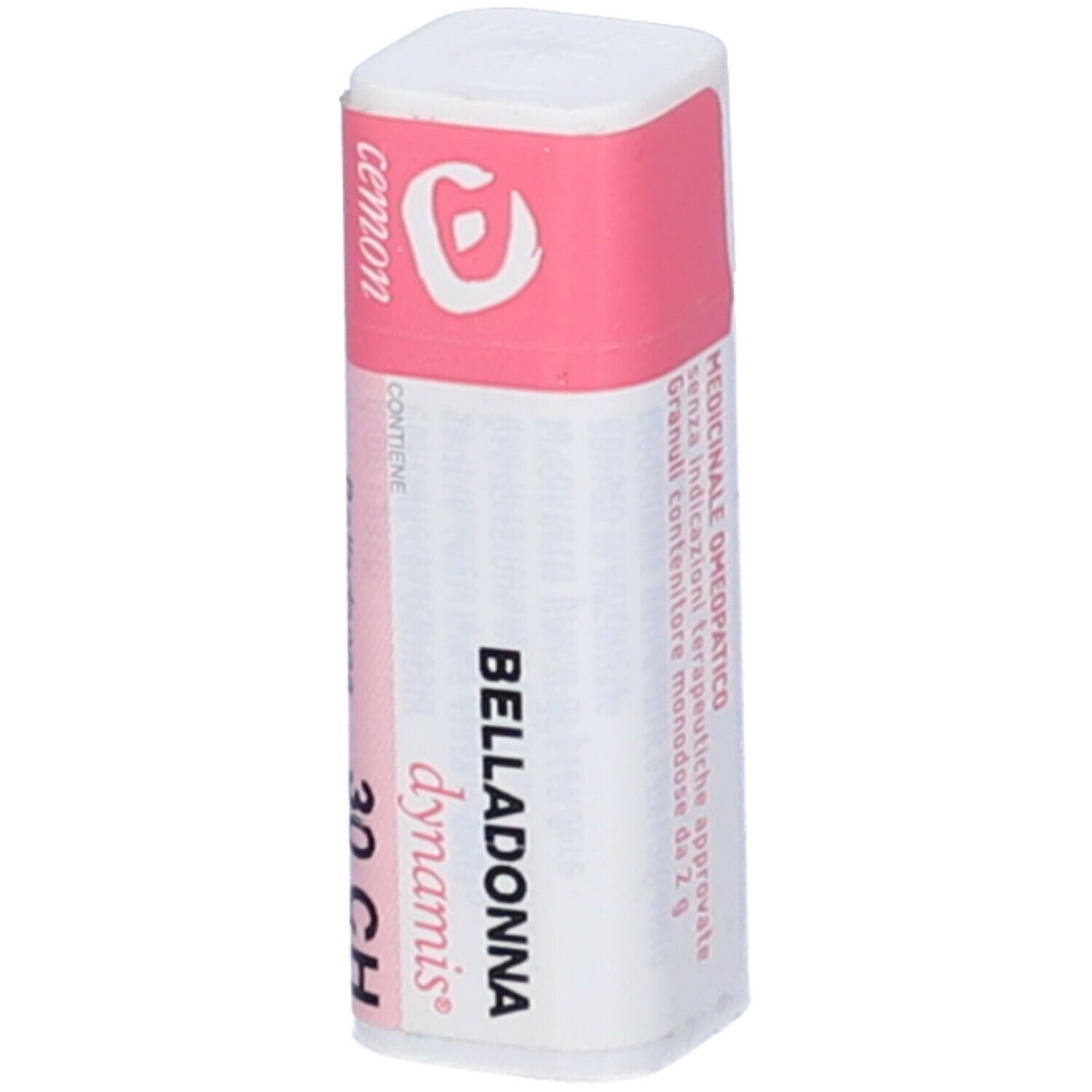 Confezione cilindrica con fascia rosa. Scritte: BELLADONNA 30 CH, cemon, dynamis. Informazioni aggiuntive.