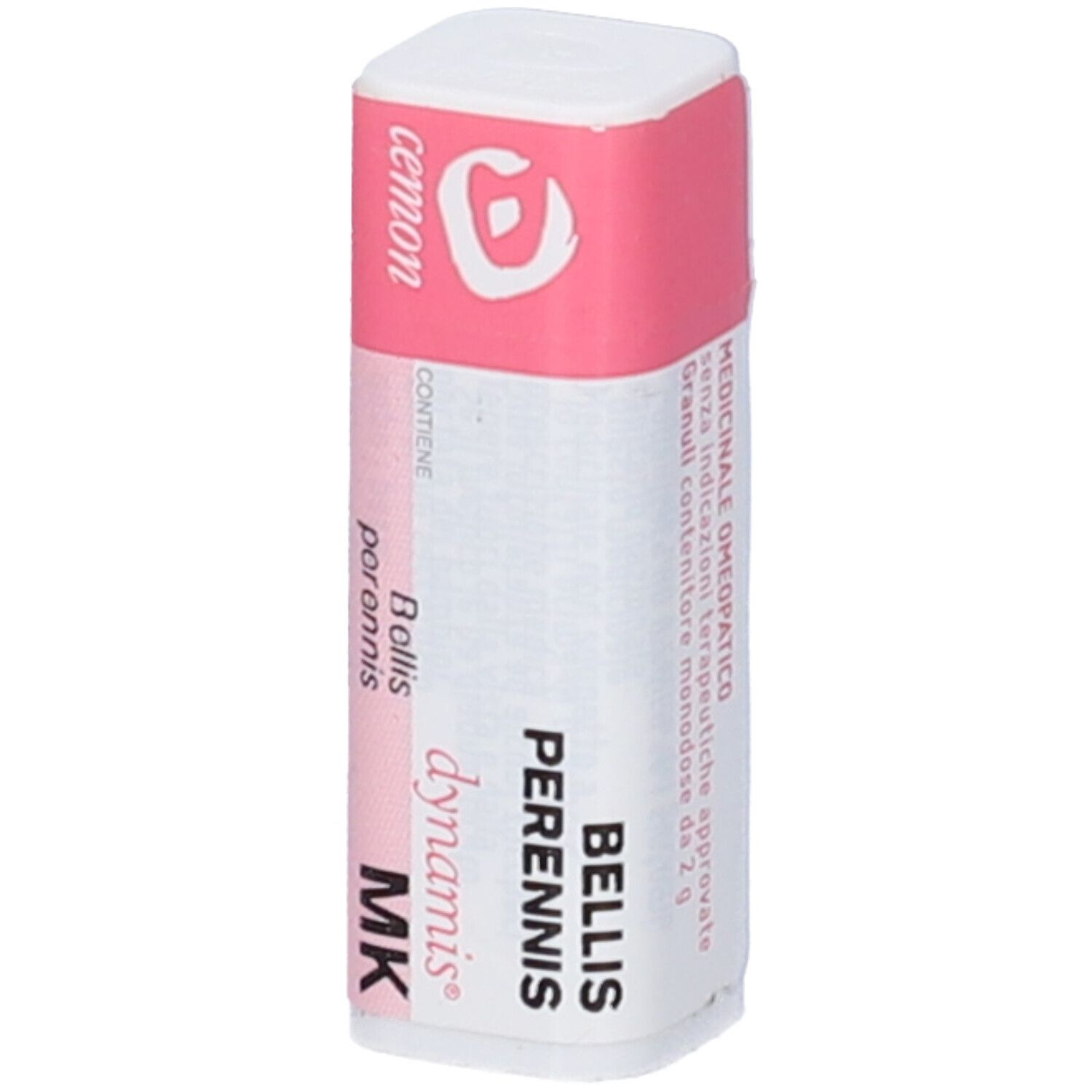 Confezione cilindrica bianca con etichetta rosa. Scritta: Bellis Perennis MK, dynamis, cemon. Contiene globuli omeopatici.