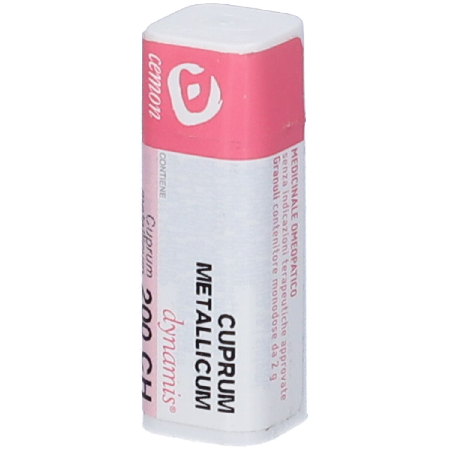 Confezione cilindrica con etichetta rosa e bianca. Scritta: Cuprum metallicum 200 CH, cemon, medicinale.