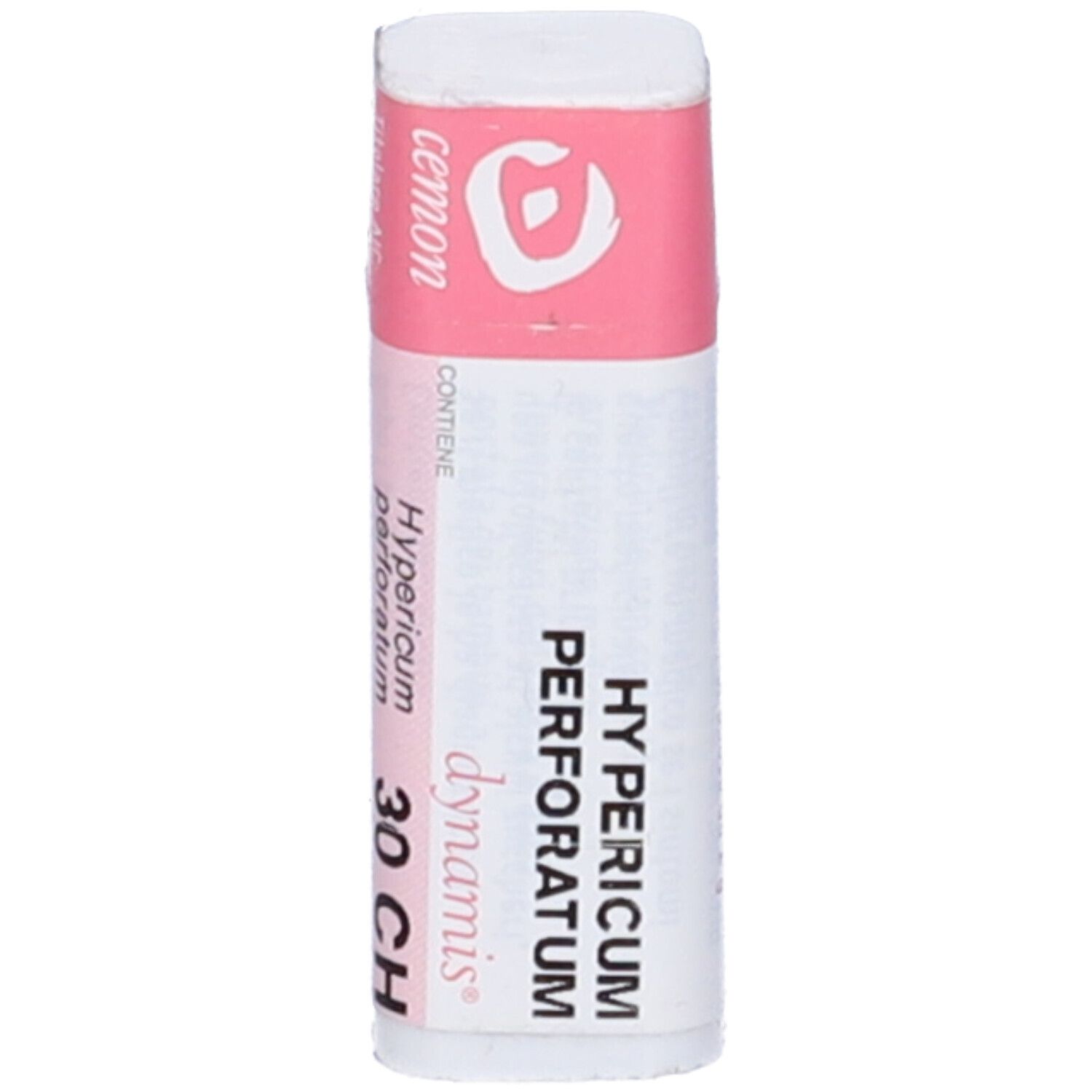 Flacone bianco con etichetta rosa. Scritte: Hypericum perforatum 30 CH, dynamis. Confezione del prodotto.