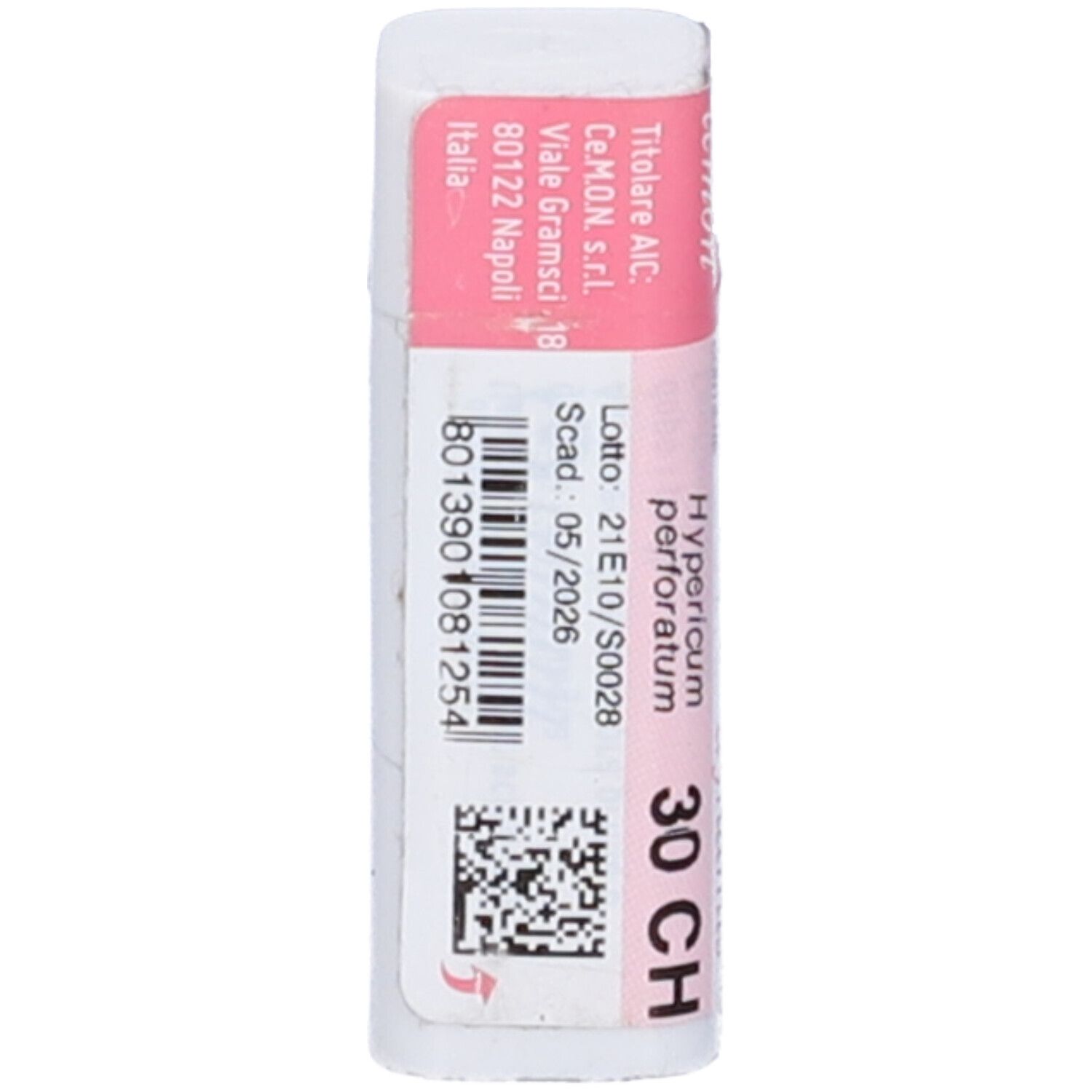 Flacone bianco con etichetta rosa. Scritte: Hypericum perforatum 30 CH, dynamis. Con codice a barre e scadenza.