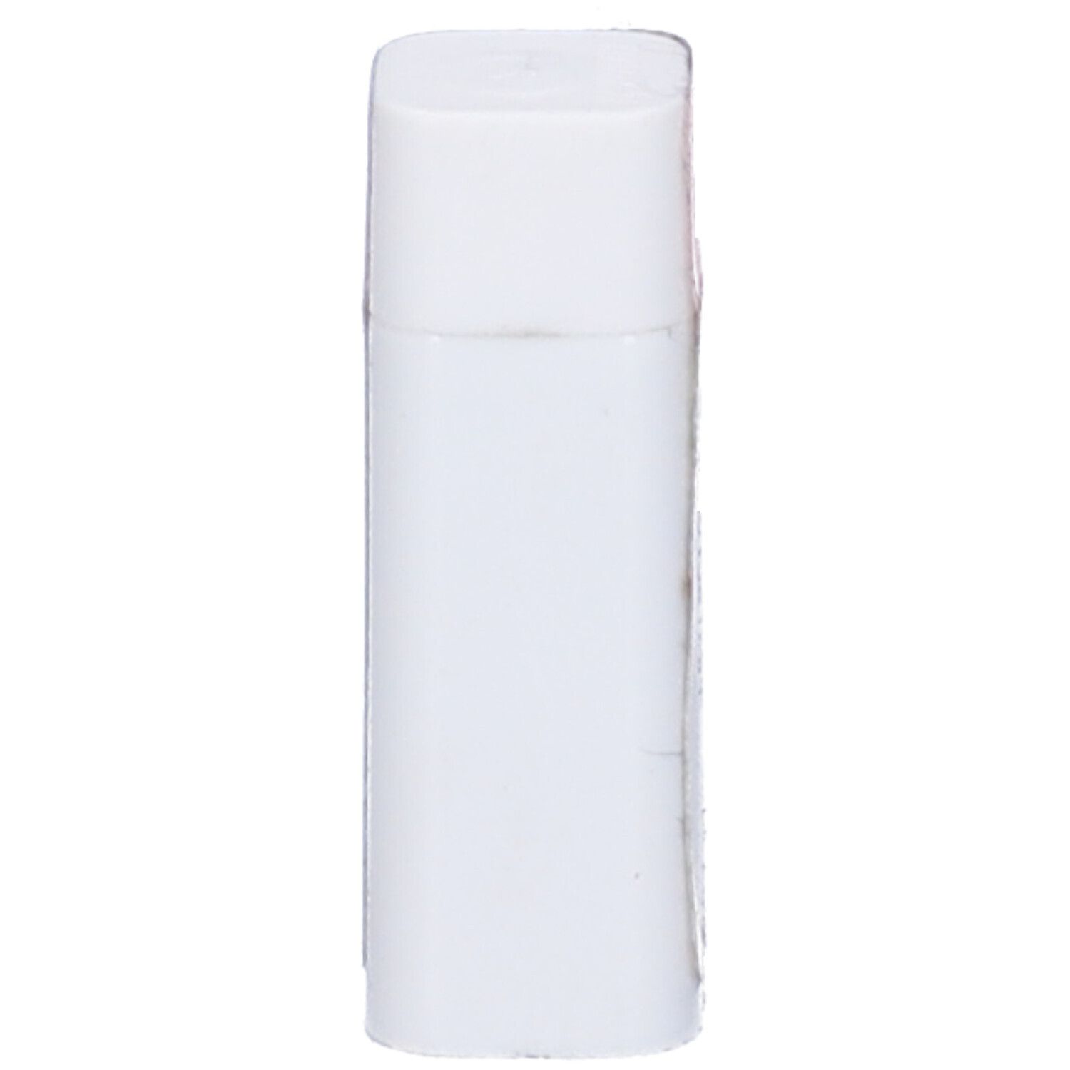 Flacone cilindrico bianco con coperchio piatto. Nessuna scritta visibile. Confezione del prodotto.