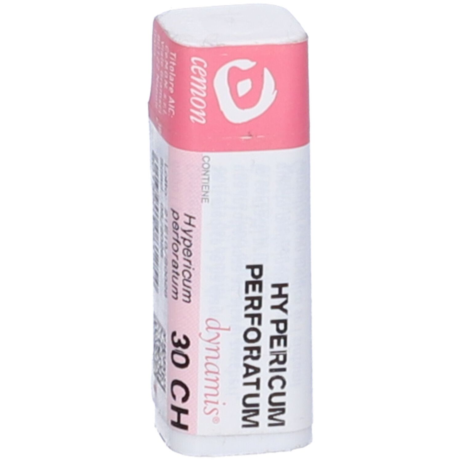 Flacone bianco con etichetta rosa. Scritte: Hypericum perforatum 30 CH, dynamis. Confezione del prodotto.