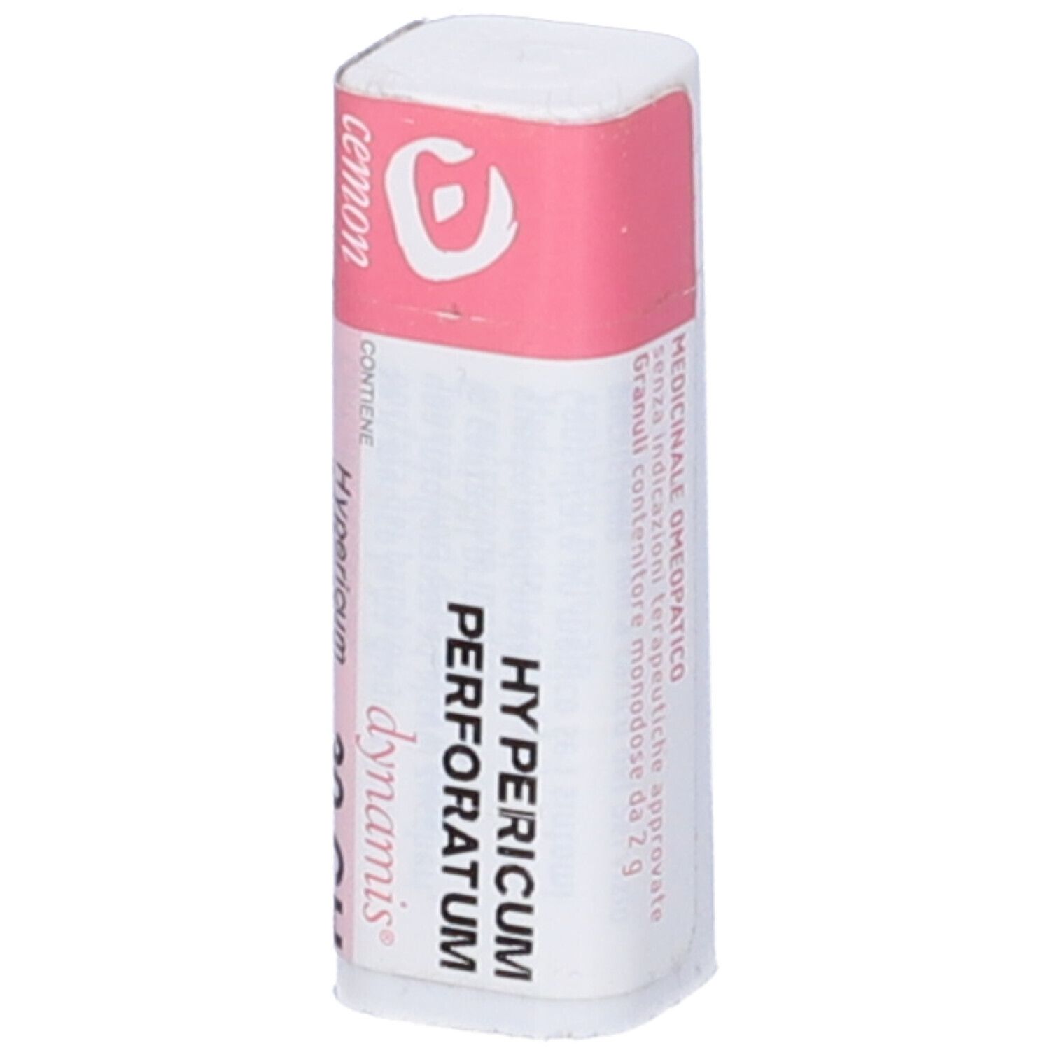 Flacone bianco con etichetta rosa. Scritte: Hypericum perforatum 30 CH, dynamis. Confezione del prodotto.