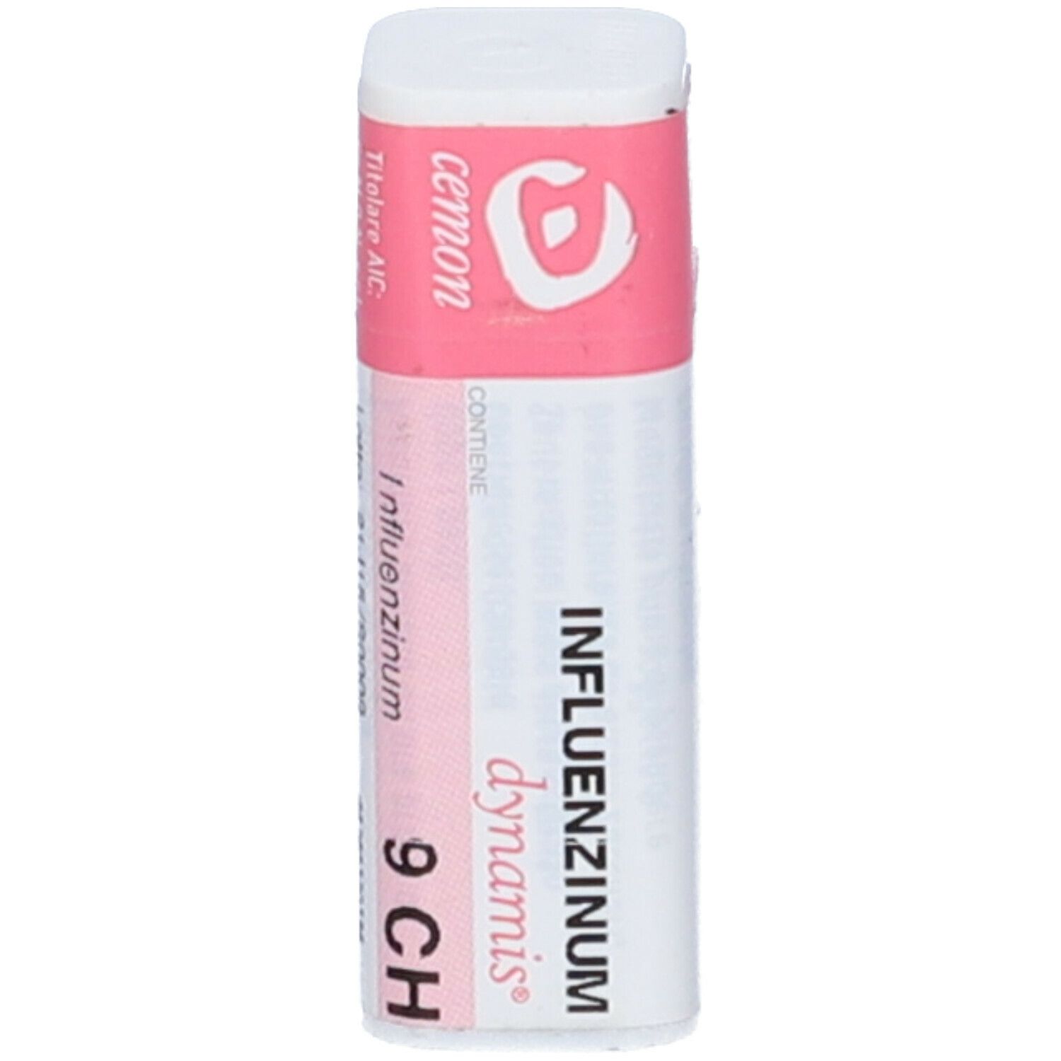 Confezione cilindrica con etichetta rosa e bianca. Scritte: Cemon, Influenzinum 9 CH.