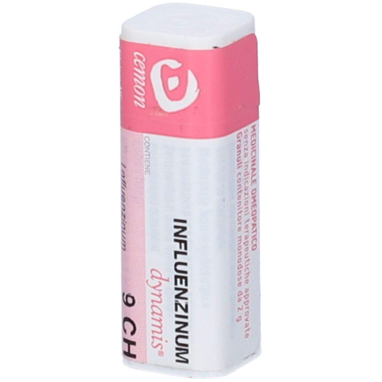 Confezione cilindrica con etichetta rosa e bianca. Scritte: Cemon, Influenzinum 9 CH. Prodotto medico.