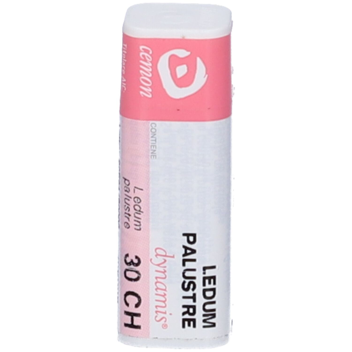 Confezione cilindrica bianca con etichetta rosa. Scritta: "Ledum palustre 30 CH" e "cemon".