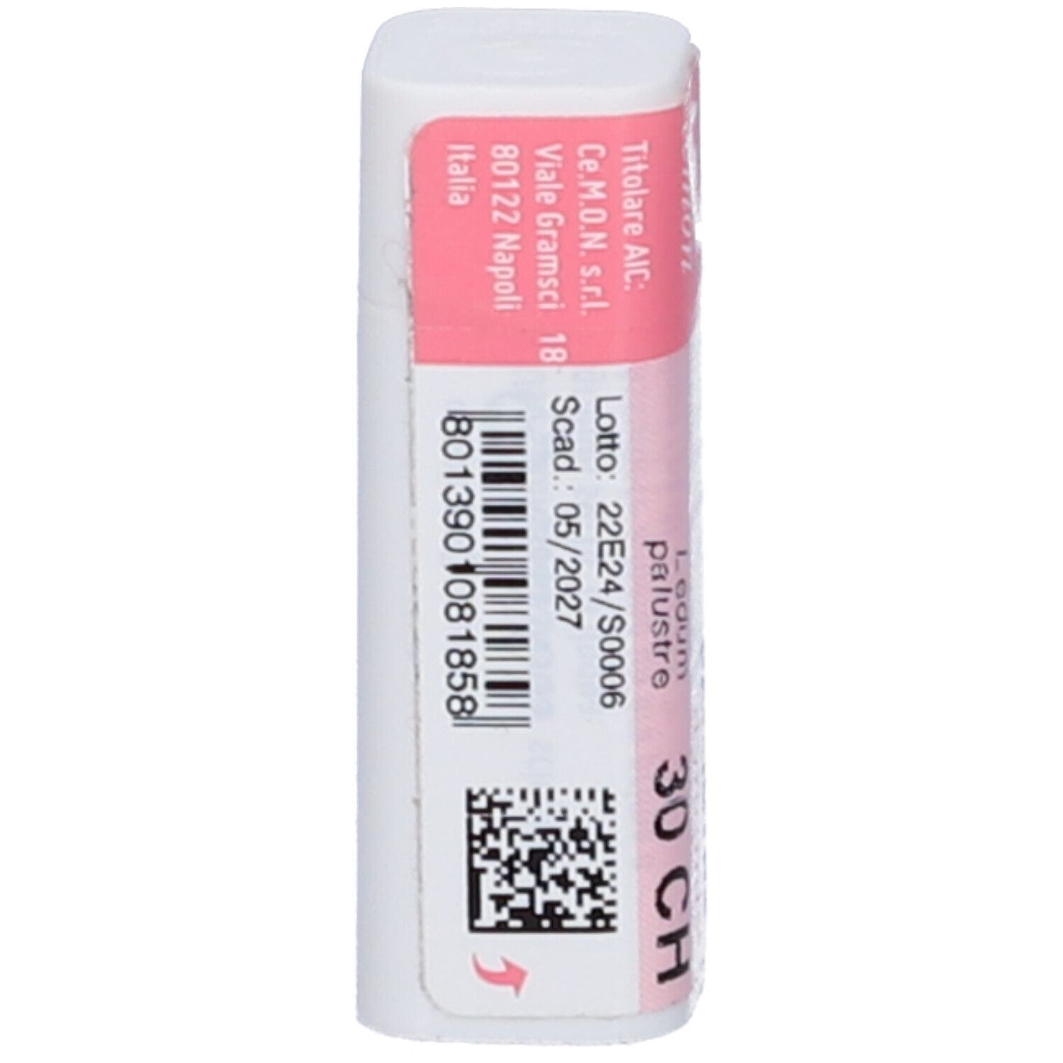 Confezione cilindrica con etichetta rosa. Codice a barre, testo: "Ledum palustre 30 CH", indirizzo e scadenza.
