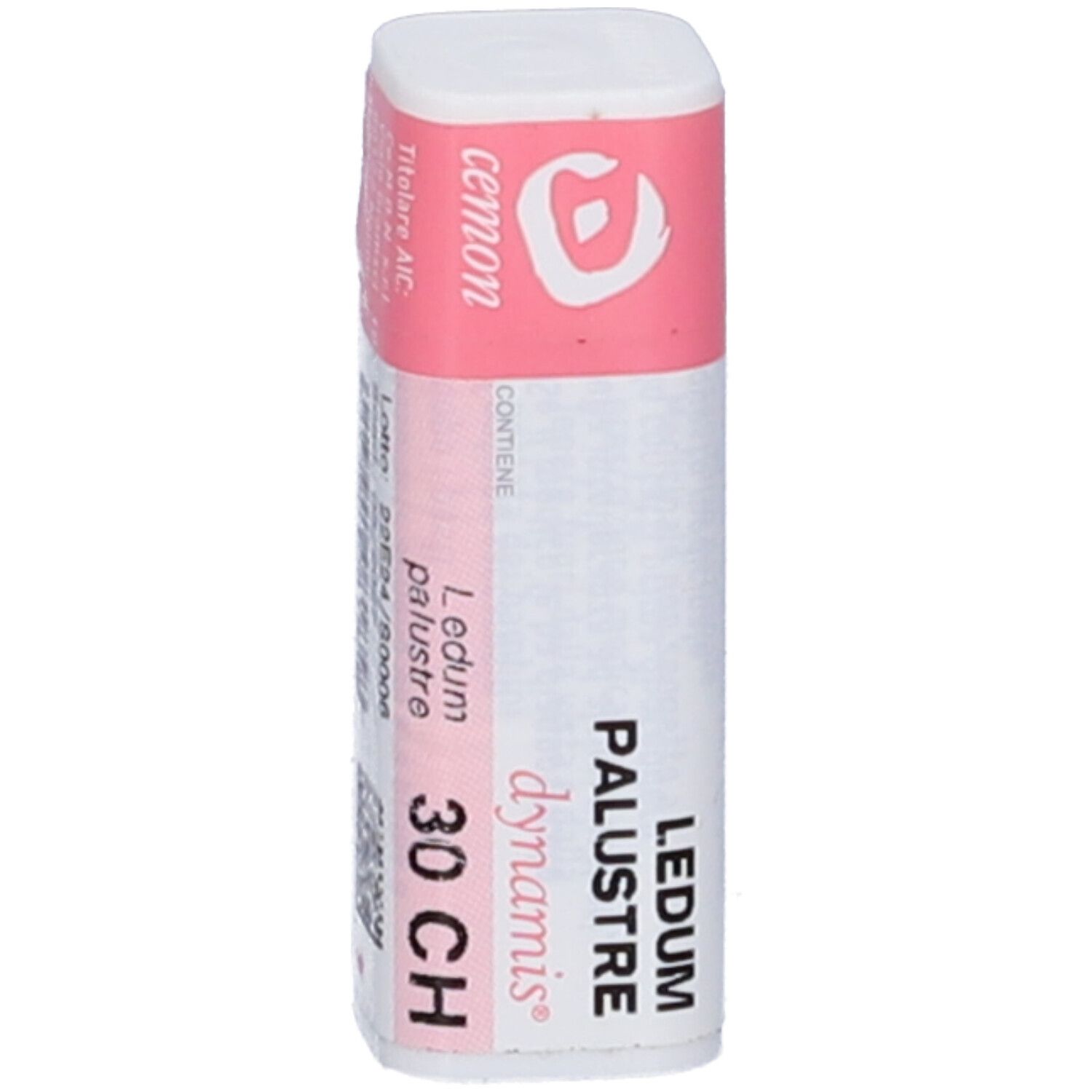 Confezione cilindrica con etichetta rosa. Scritta: "Ledum palustre 30 CH" e "cemon".