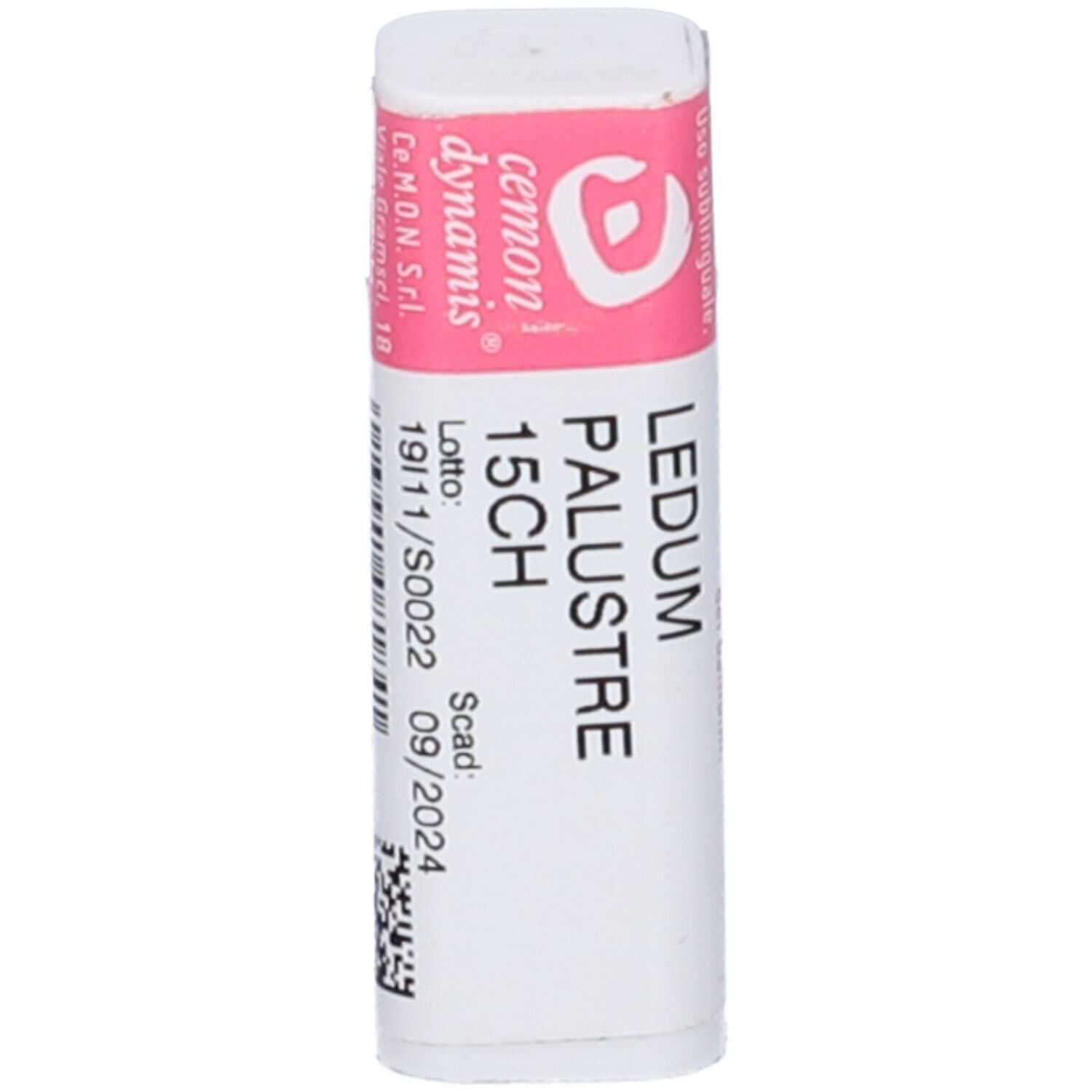 Confezione cilindrica bianca con etichetta rosa. Scritta: Ledum Palustre 15CH, cemon.