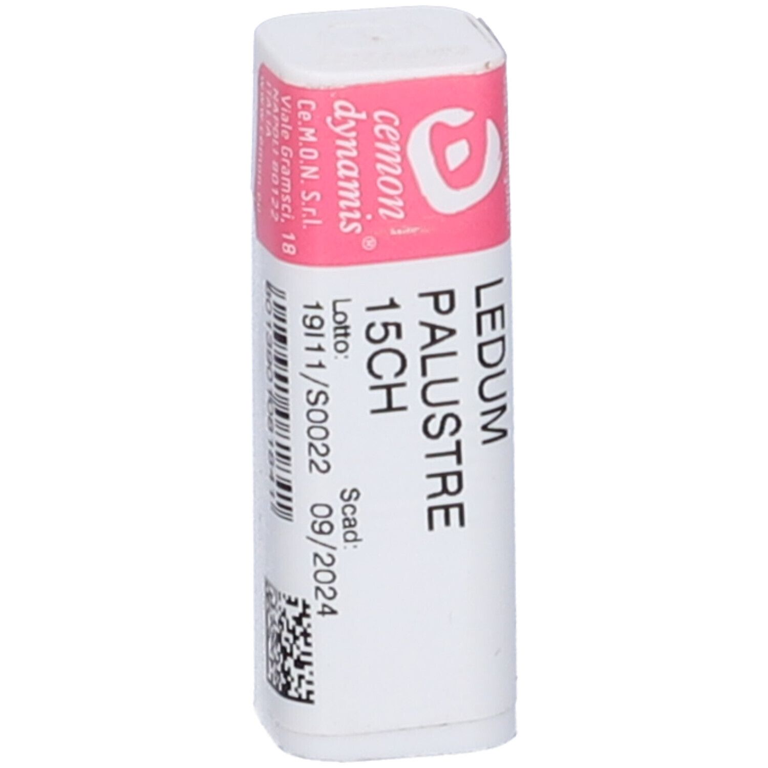 Confezione cilindrica bianca con etichetta rosa. Scritta: Ledum Palustre 15CH, cemon.