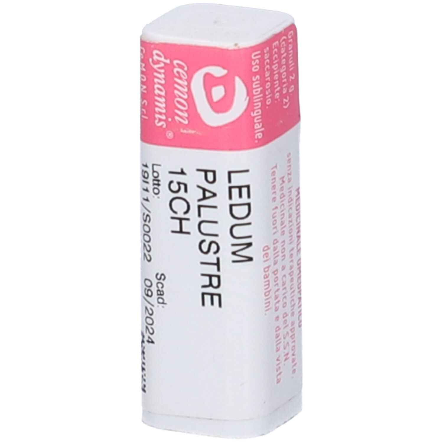 Confezione cilindrica bianca con etichetta rosa. Scritta: Ledum Palustre 15CH, cemon.