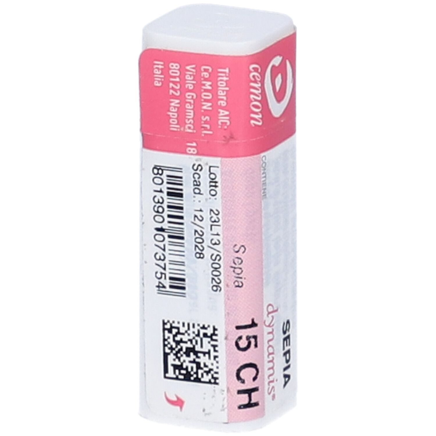 Confezione rettangolare con etichetta rosa e bianca. Scritte: SEPIA, 15 CH, dynamis, cemon. Codice QR e numero di lotto.