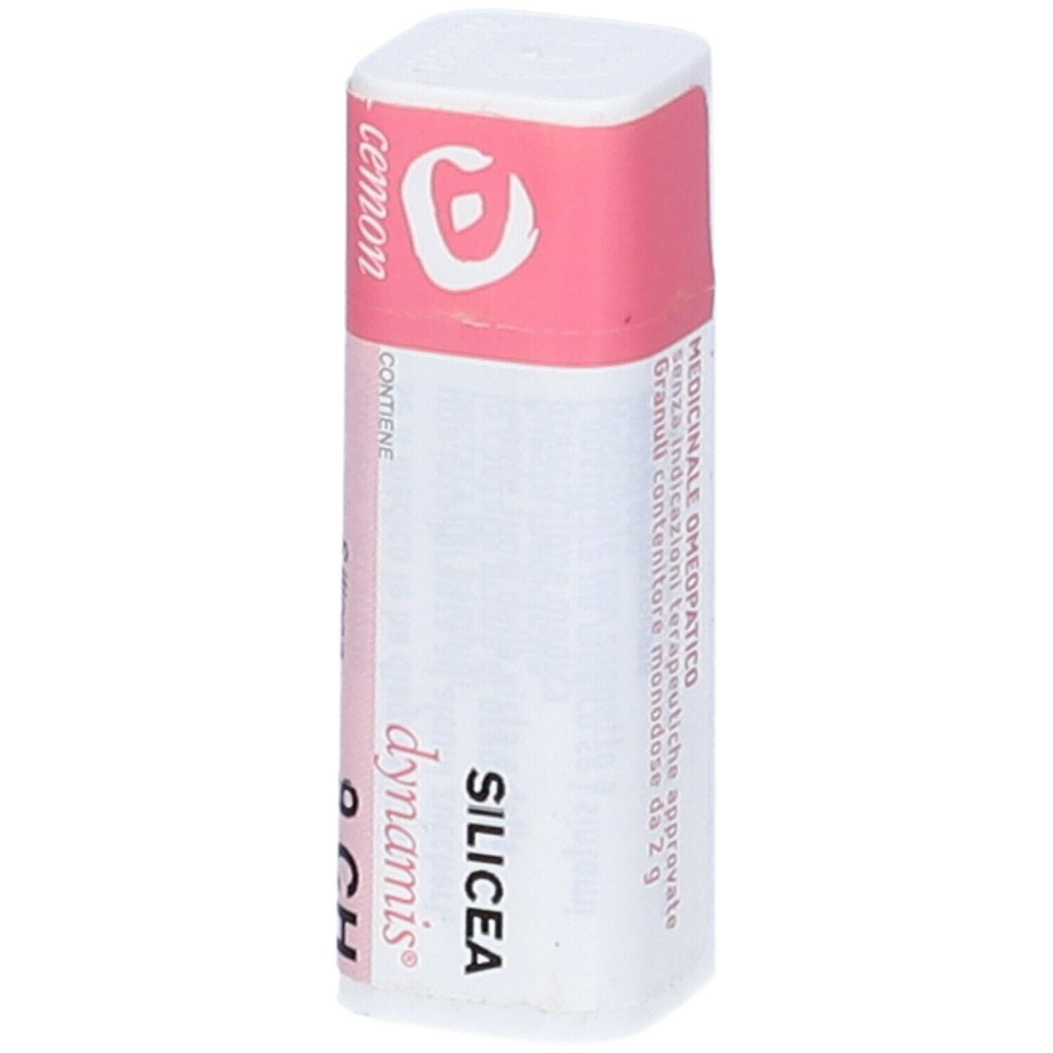 Confezione cilindrica con etichetta rosa. Scritta: SILICEA 9 CH. Coperchio bianco.