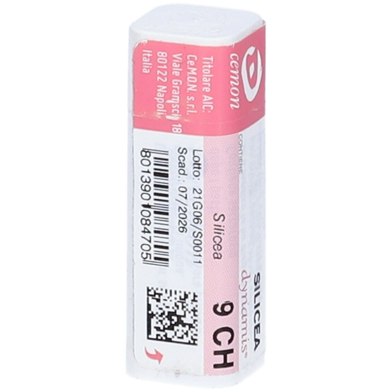 Confezione cilindrica con etichetta rosa. Scritta: SILICEA 9 CH. Dettagli e QR code. Coperchio bianco.