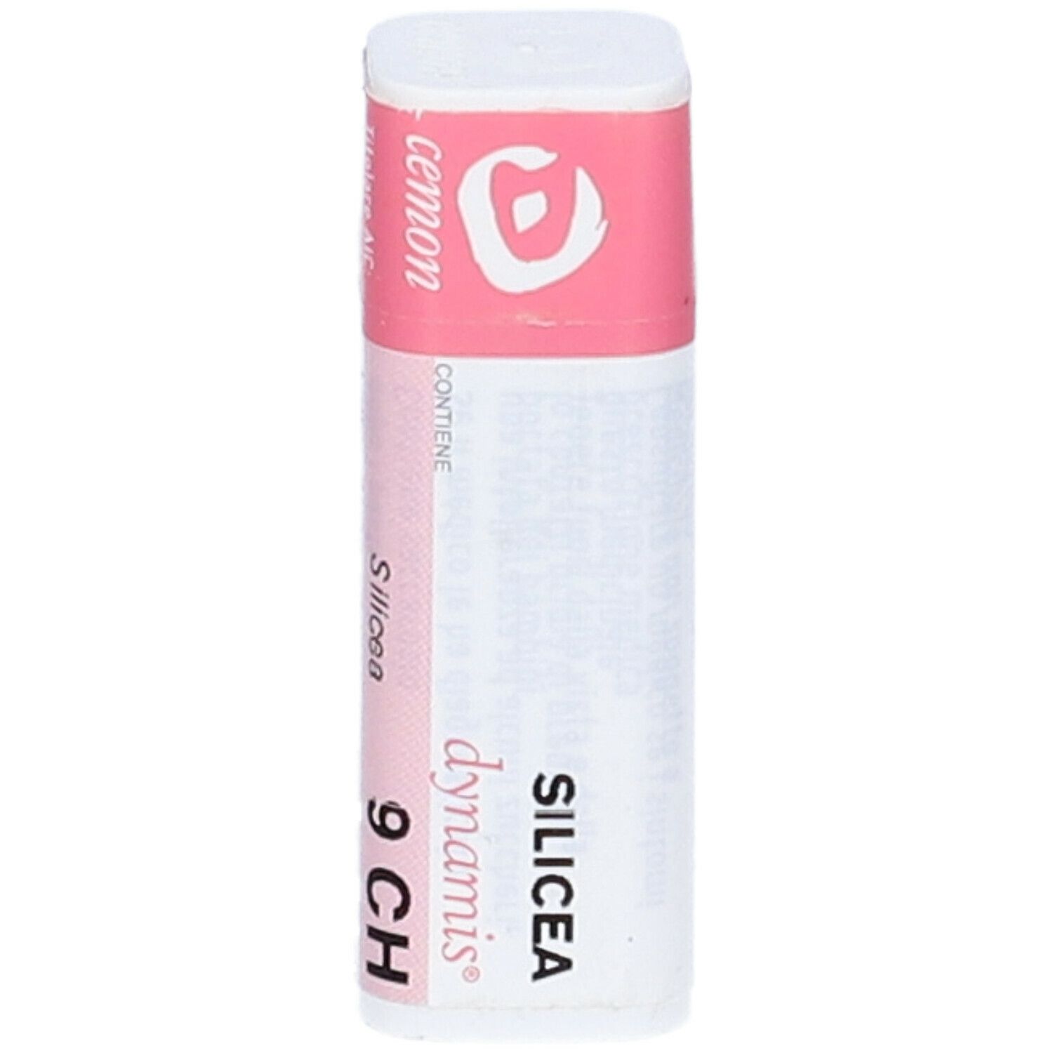 Confezione cilindrica con etichetta rosa. Scritta: SILICEA 9 CH. Coperchio bianco.