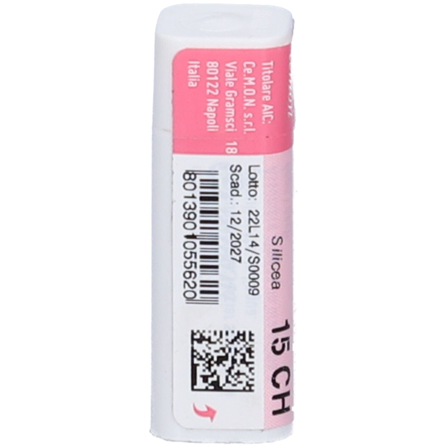 Confezione cilindrica con etichetta rosa. Scritte: cemon, dynamis, Silicea 15 CH.