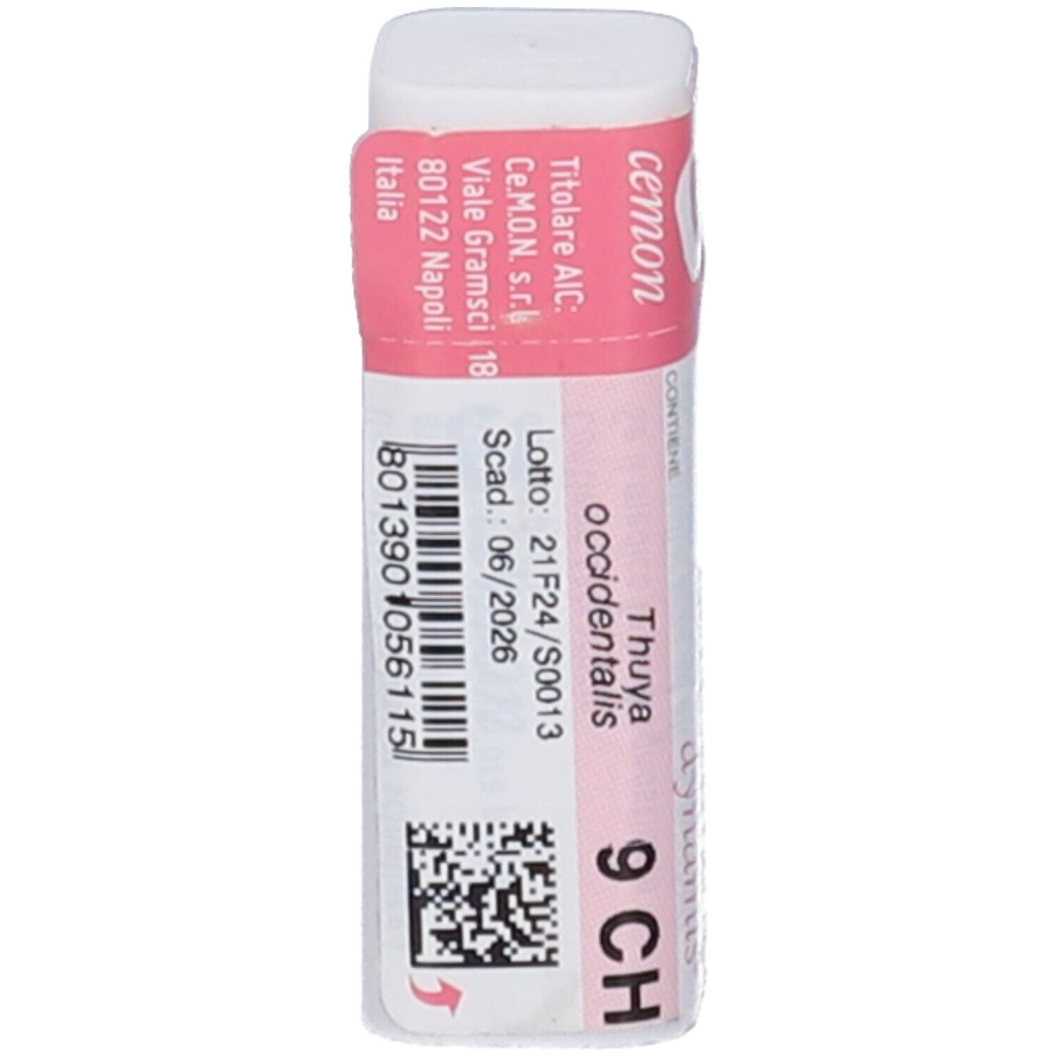 Confezione cilindrica con etichetta rosa e bianca. Scritta: Thuya Occidentalis 9 CH, Cemon, con codice a barre.