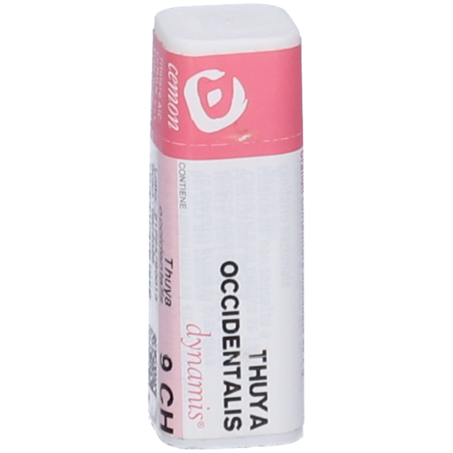 Confezione cilindrica con etichetta rosa e bianca. Scritta: Thuya Occidentalis 9 CH, Cemon.
