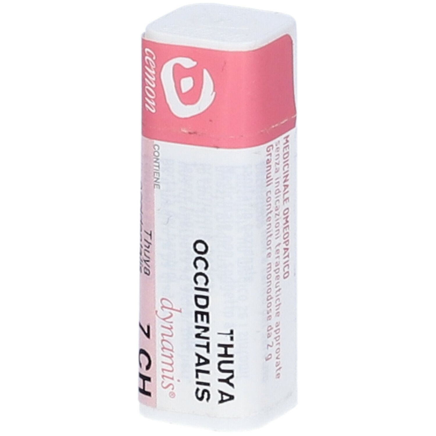 Confezione cilindrica con etichetta rosa. Scritte: THUYA OCCIDENTALIS 7 CH, dynamis, cemon.