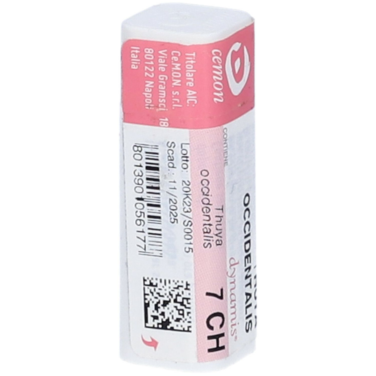 Confezione cilindrica con etichetta rosa. Scritte: THUYA OCCIDENTALIS 7 CH, dynamis, cemon, e altre informazioni.