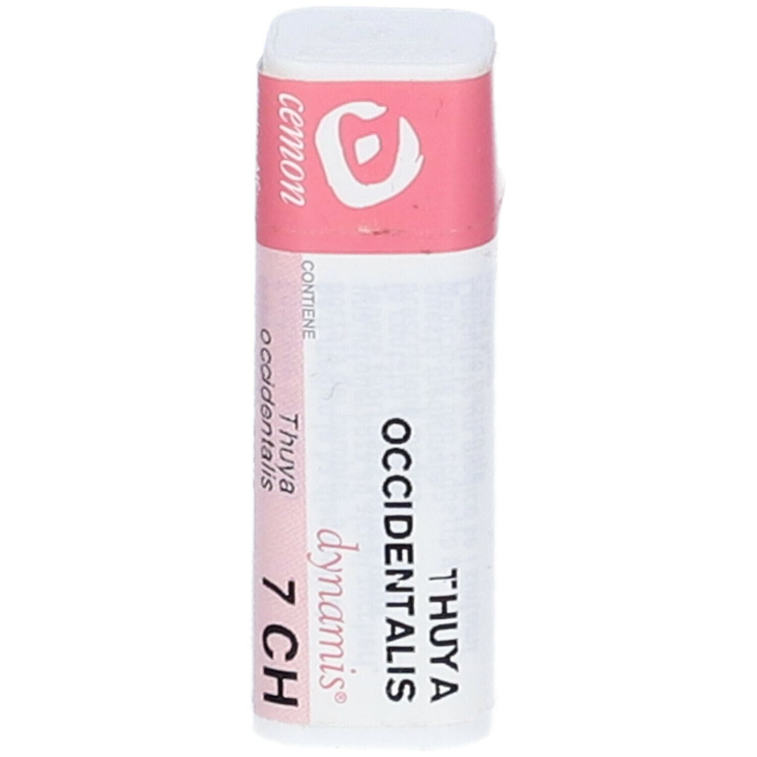 Confezione cilindrica con etichetta rosa. Scritte: THUYA OCCIDENTALIS 7 CH, dynamis, cemon.