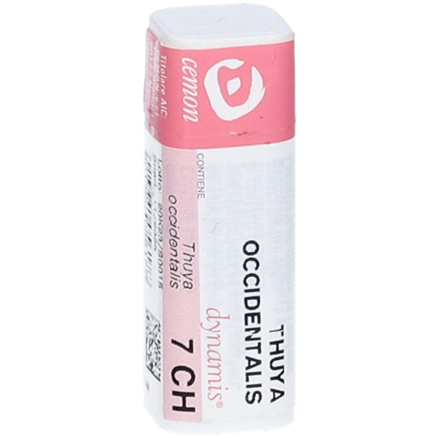 Confezione cilindrica con etichetta rosa. Scritte: THUYA OCCIDENTALIS 7 CH, dynamis, cemon, e altre informazioni.