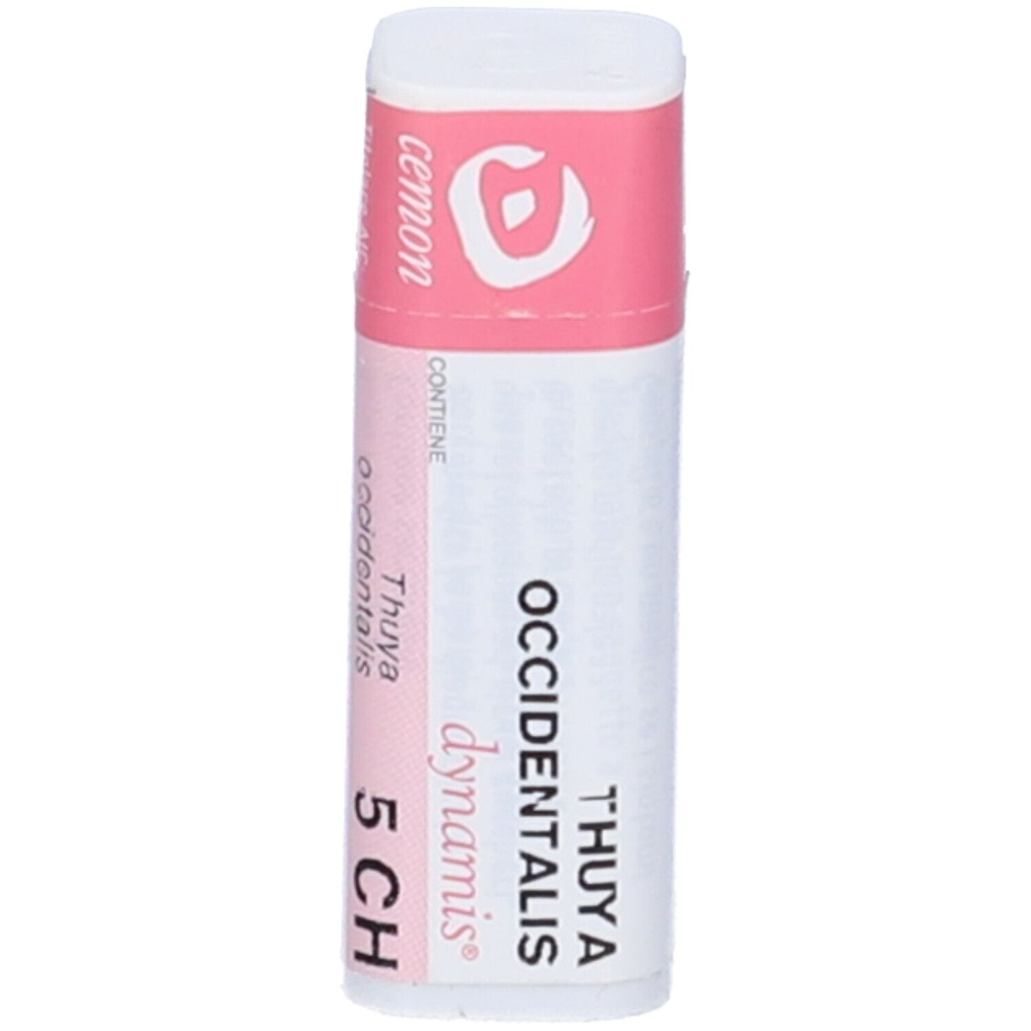 Flacone bianco con etichetta rosa. Scritte: Thuya occidentalis 5 CH, dynamis. Nome del prodotto non visibile.