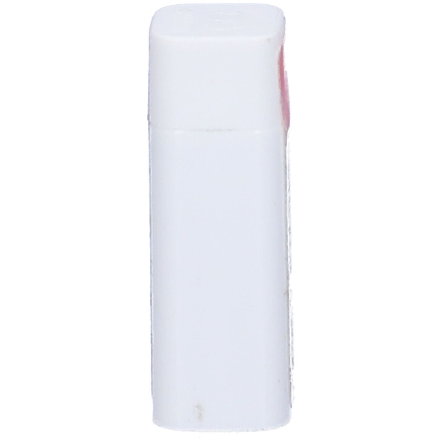 Flacone cilindrico bianco con coperchio quadrato. Etichetta rosa non visibile.