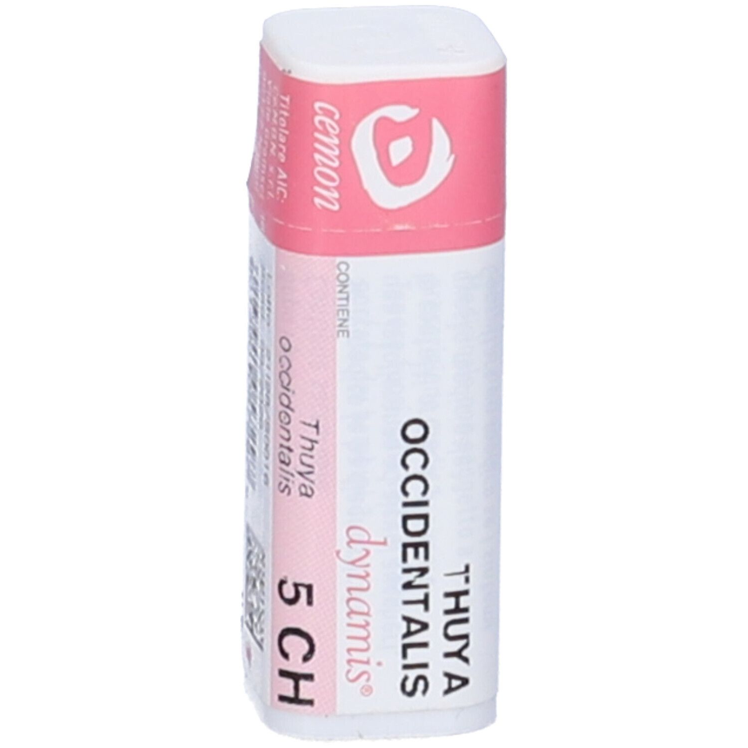 Flacone bianco con etichetta rosa. Scritte: Thuya occidentalis 5 CH, dynamis. Nome del prodotto non visibile.